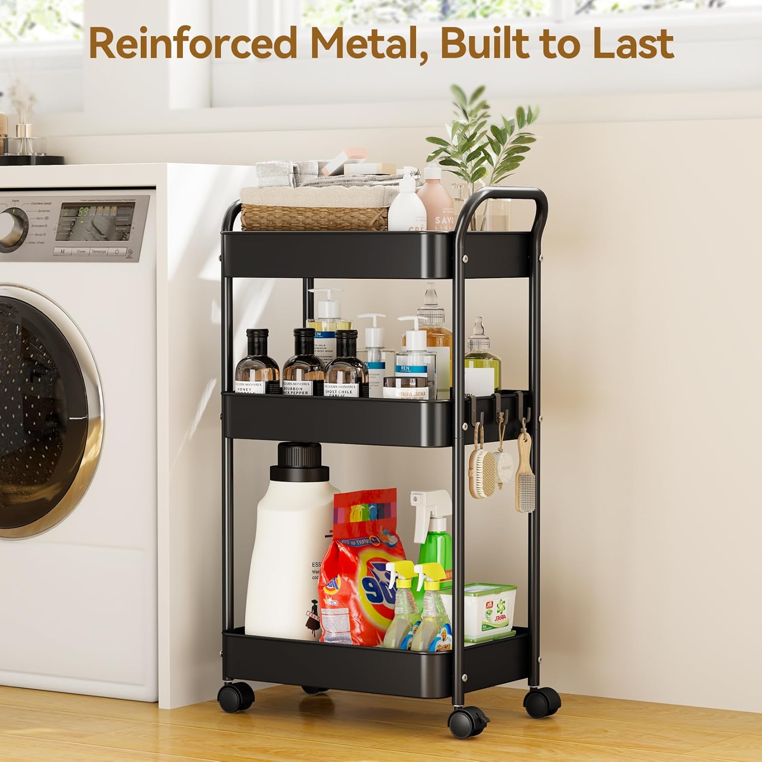 YASONIC 3-Tier Metal Rolling Cart, Sturdy Storage Utility Carts with Wheels, Multifunction Craft Art Organizer for Bedroom, Laundry, Garage, Office, Nursery, Bathroom, Easy Assembly (Black)