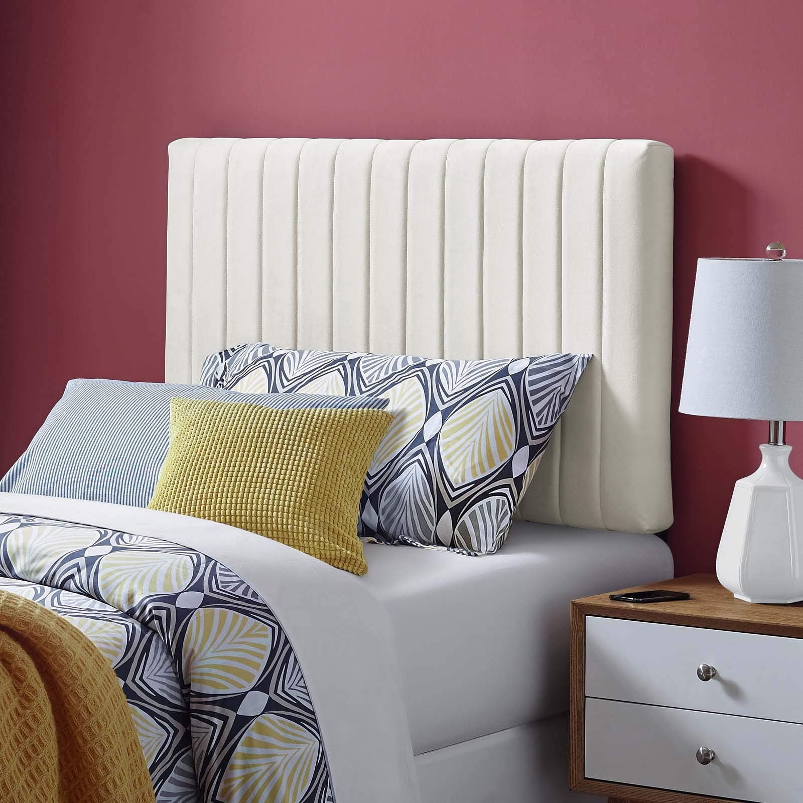 Modway Keira Channel Tufted Performance Velvet Upholstered Twin Headboard in Midnight Blue