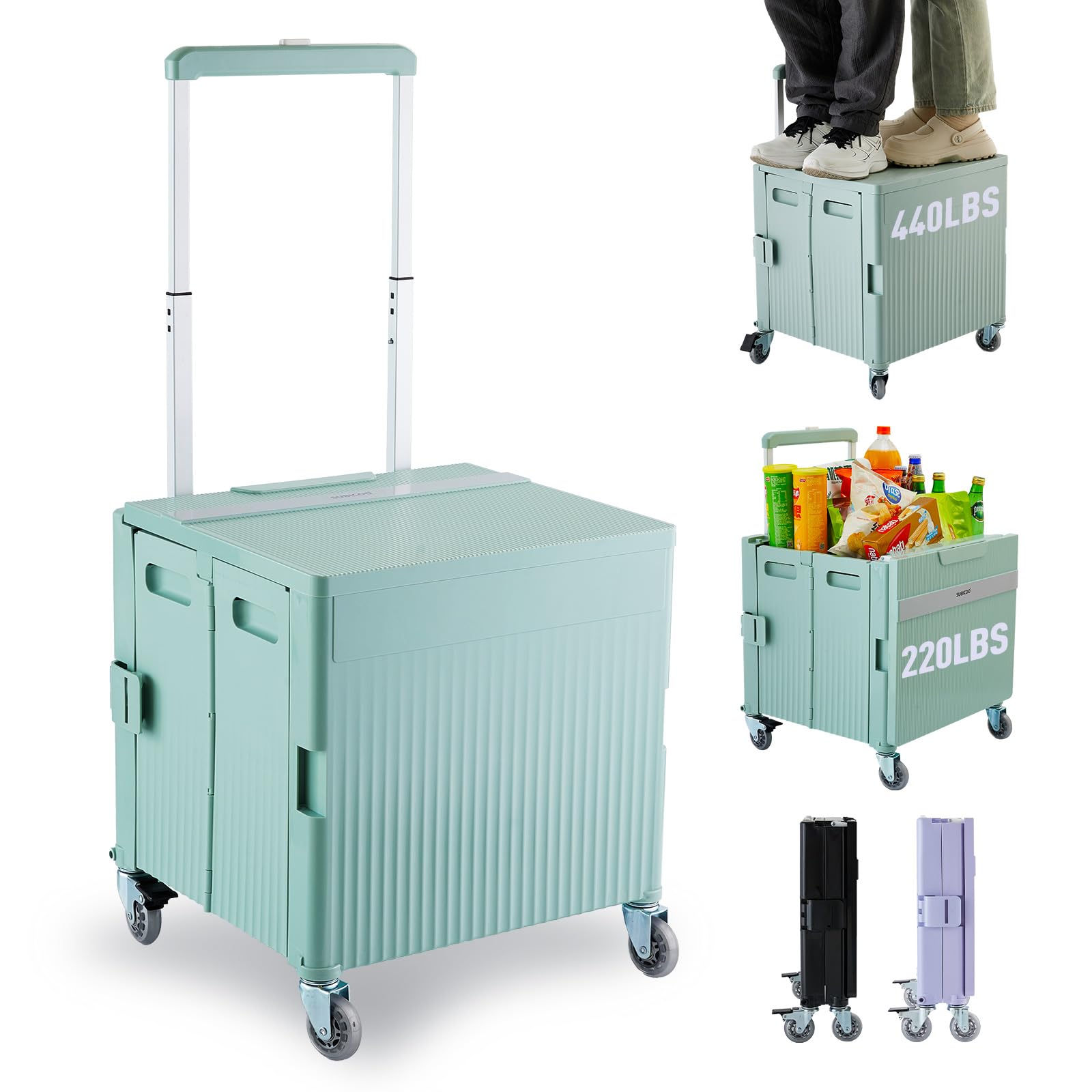 Folding Utility Cart Portable Rolling Crate Handcart Shopping Trolley Collapsible Tool Box, with Lid, on Rotate Wheels, for Grocery, Shopping, Office, Teacher, Camp,File (Black)