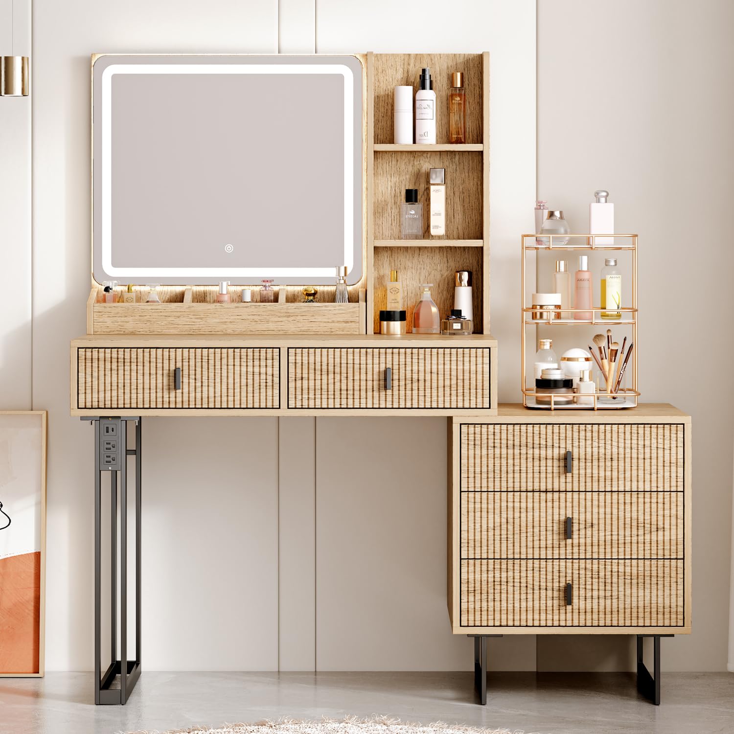 Large Vanity Desk with 3 Color Touch Screen Dimming Mirror, Vanity Desk with Charging Station, Modern Retractable Makeup Dressing Table, Makeup Table With storage shelves and 5 Sliding Drawers, Brown
