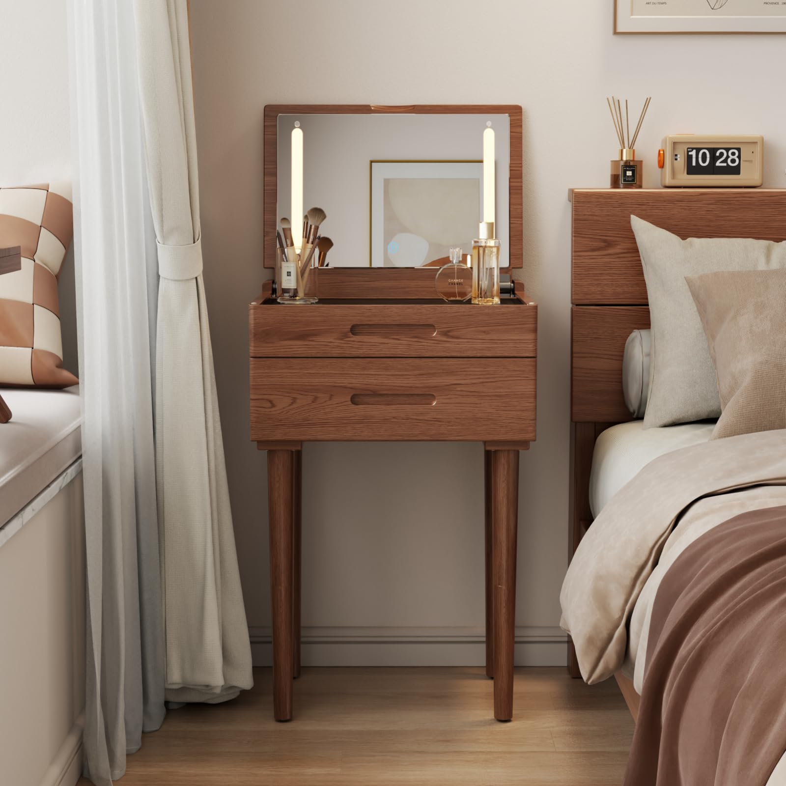 Muwuele Solid Wood Small Vanity Desk with Mirror and Lights, Narrow Makeup Vanity for Small Space, Flip Top Vanity Side Table, 3 Color Modes & Adjustable Brightness, 23.6" Slim Dressing Table, Walnut