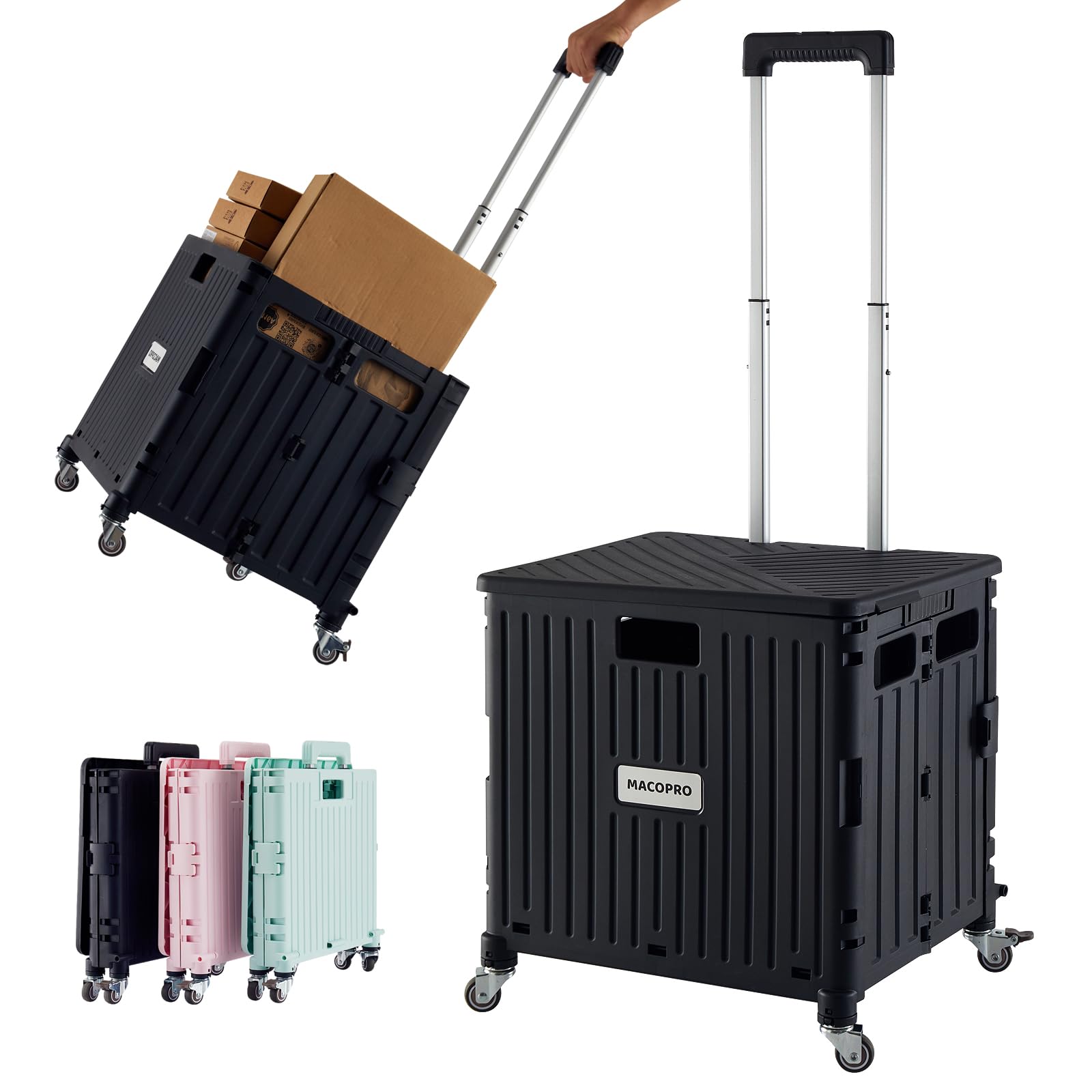 MACOPRO Folding Utility Cart Portable Rolling Crate Handcart Shopping Trolley Collapsible Tool Box, with Lid, Basket on 4 Rotate Wheels, for Grocery, Office, Teacher, Travel Shop Move Luggage (Green)