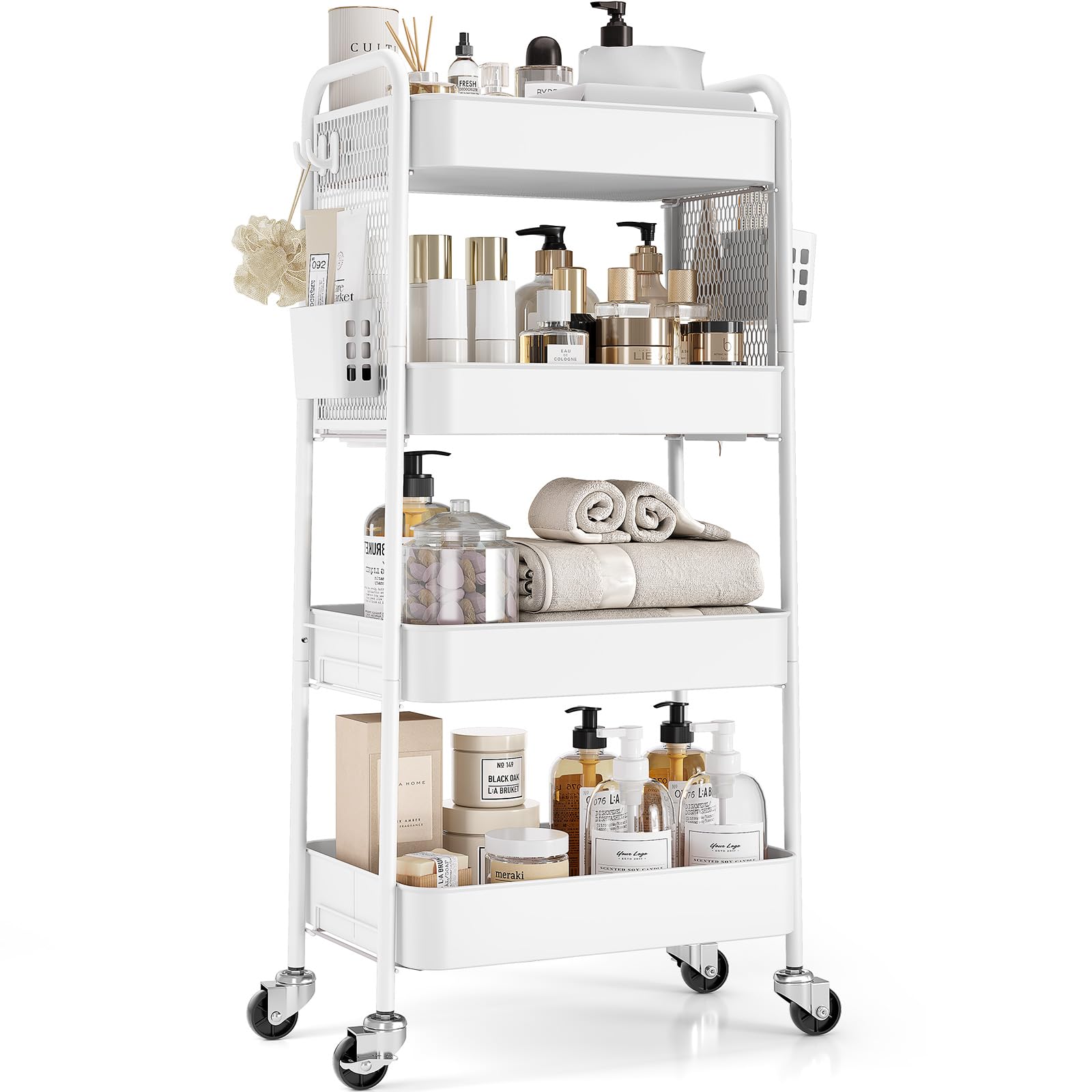 TOOLF 3 Tier Rolling Cart Storage Organizer, Metal Rolling Utility Cart with Wheels, Hooks & Bins Esthetician Craft Art Sturdy Storage with Pegboard for Bathroom, Kitchen, Office, Nursery Diaper