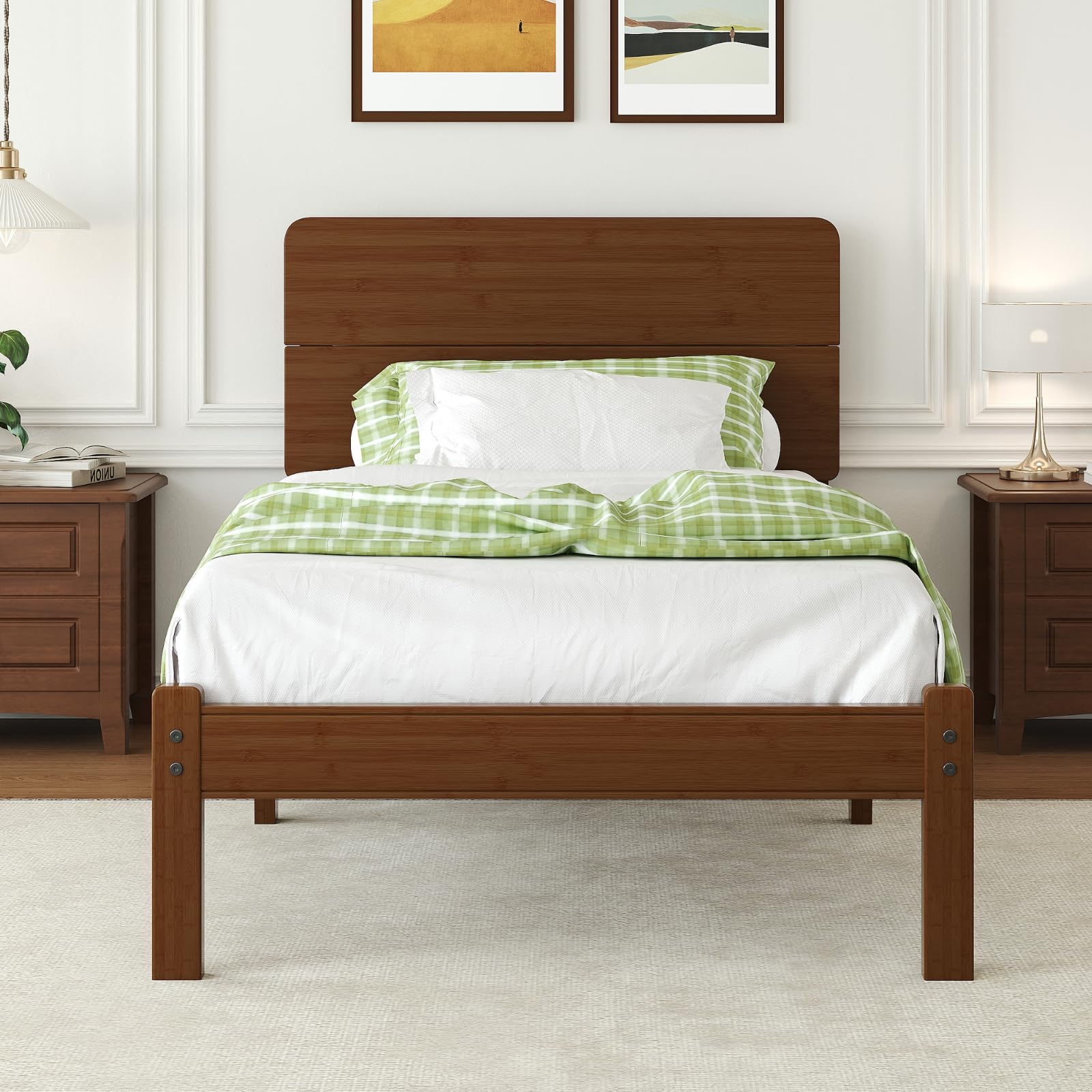 Askeld 14 Inch Bamboo Twin XL Bed Frame with Headboard, Solid Wood Bed Frames Twin XL Size No Box Spring Needed, Easy Assembly, Noise Free, Walnut Color