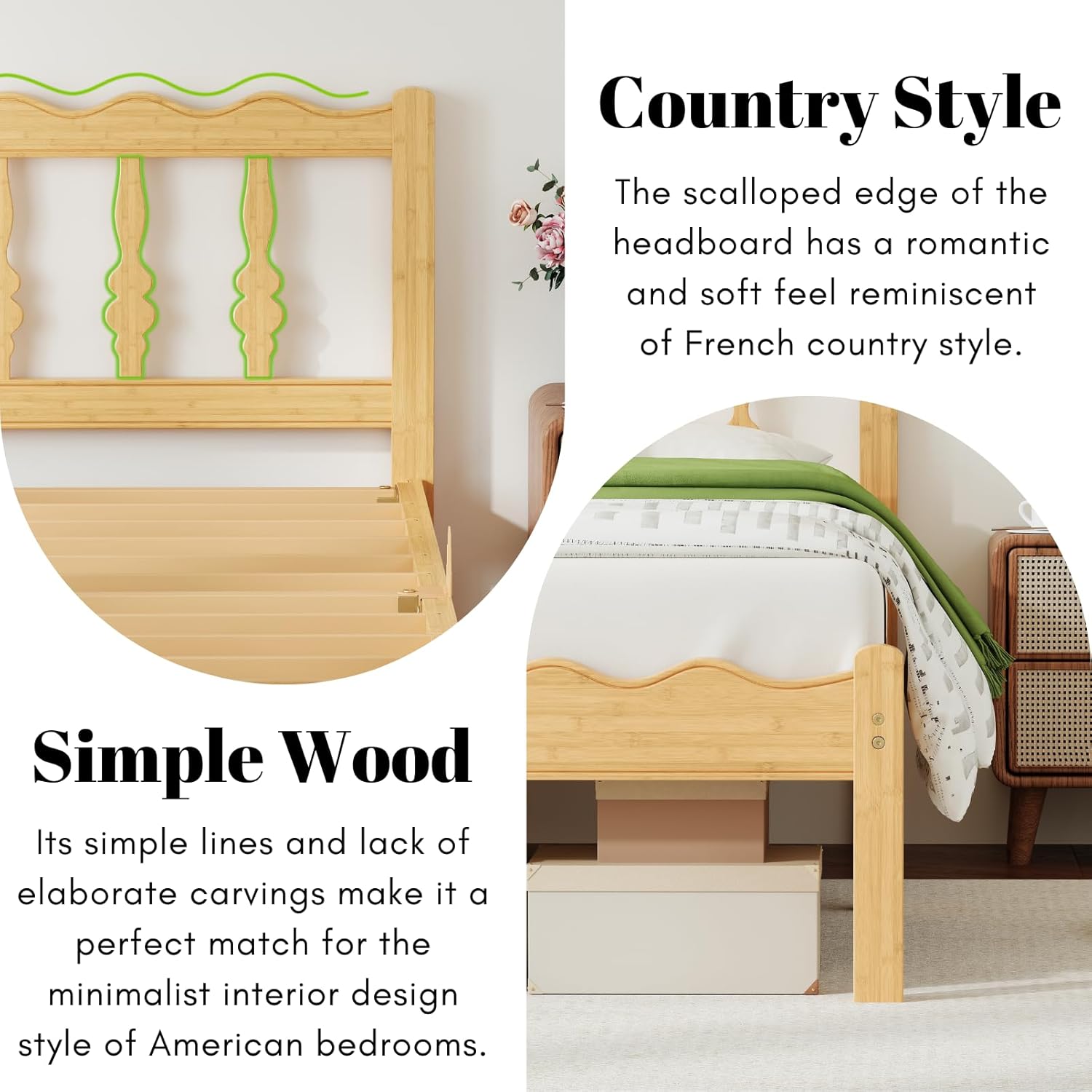 Bamboo Twin Bed Frame with Headboard, 14 inch Solid Wood Platform Bed Frames Twin Size with Metal Slats, No Box Spring Needed, Easy Assembly, Noise Free