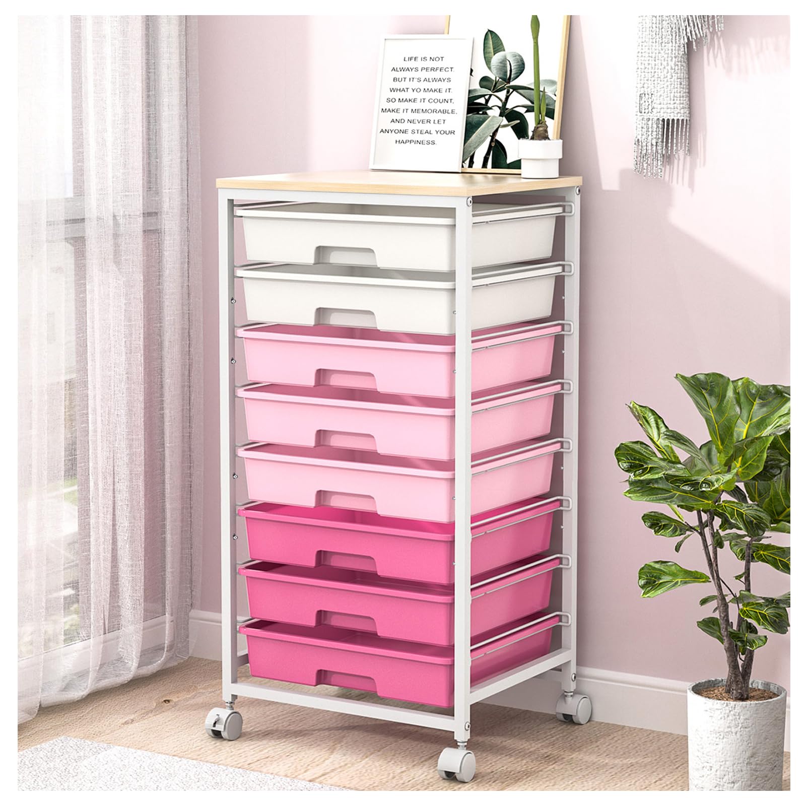 Green Rolling Utility Storage Cart with 8 Drawers & Wooden Tabletop, Multi-scene Organizer for Home Office Craft Dorm