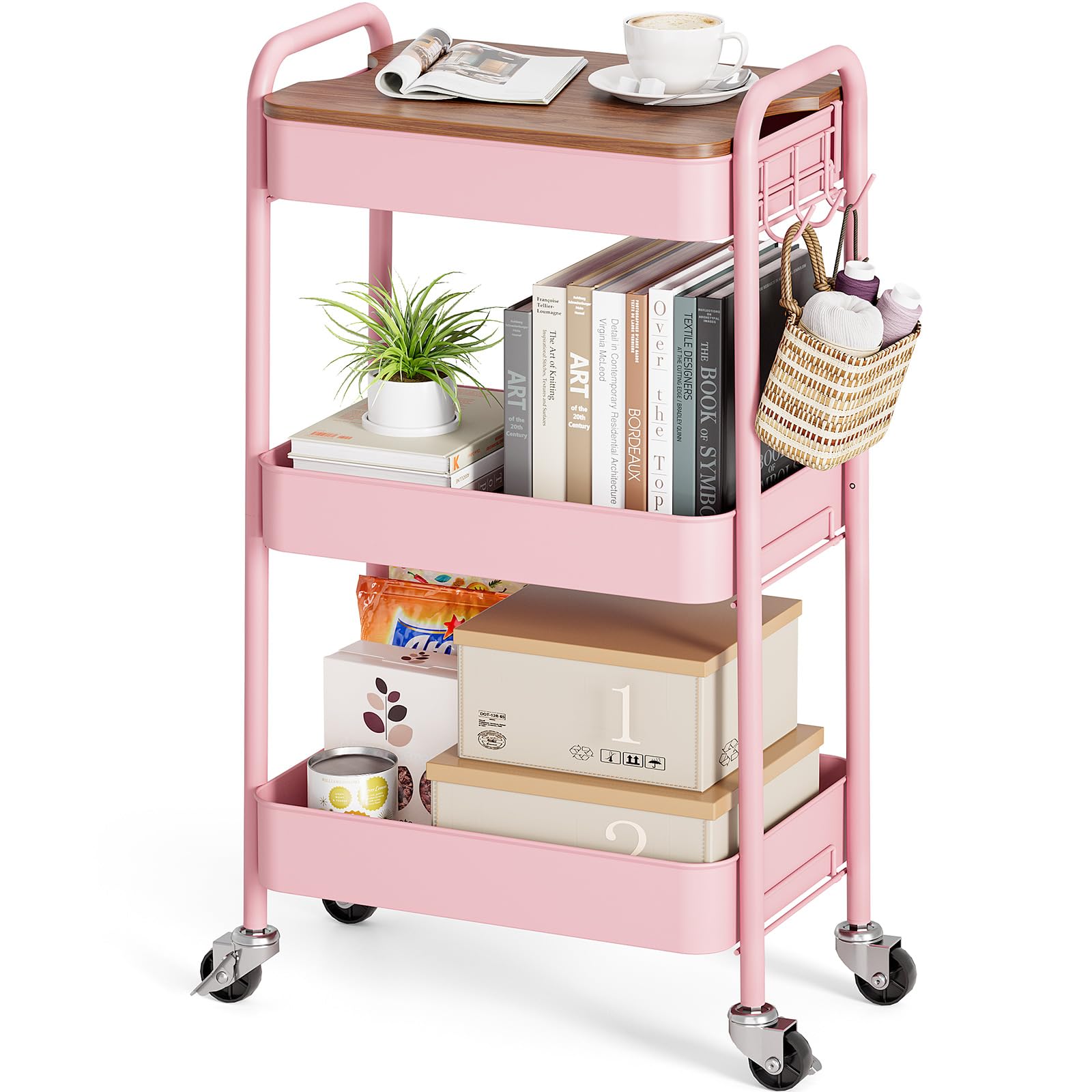 TOOLF 3-Tier Rolling Cart with Table Top, Metal Storage Cart on Wheels, Utility Organizer with Wooden Tray, Lockable Casters, Easy Assembly for Bathroom, Living Room, Office, Kitchen, White