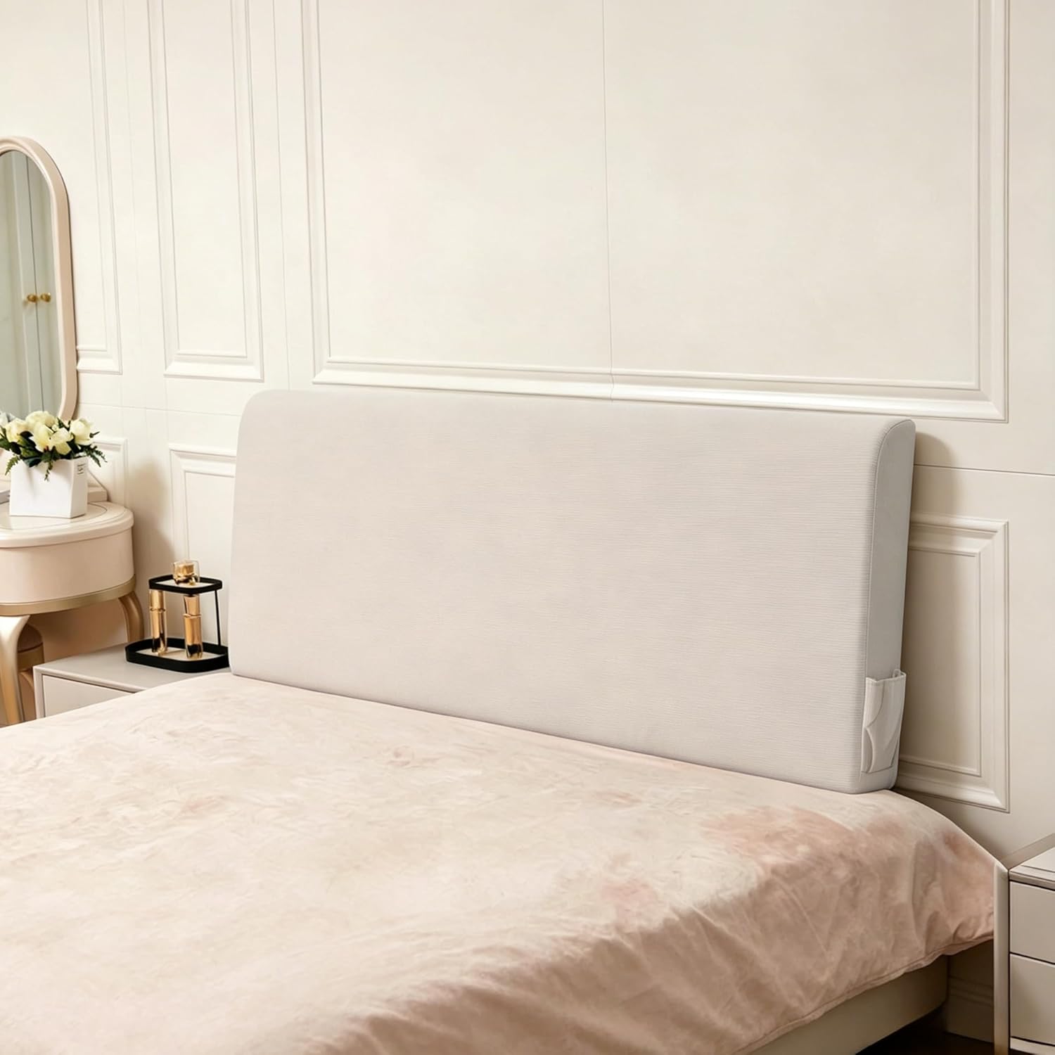 Upholstered Cotton Velvet Queen Headboard No Assembly Required Direct Installation, Soft Headboard with Storage Pocket, Removable Washable Cover, 3D Soundproof Bed Wall Panels, 59x4x24, Beige