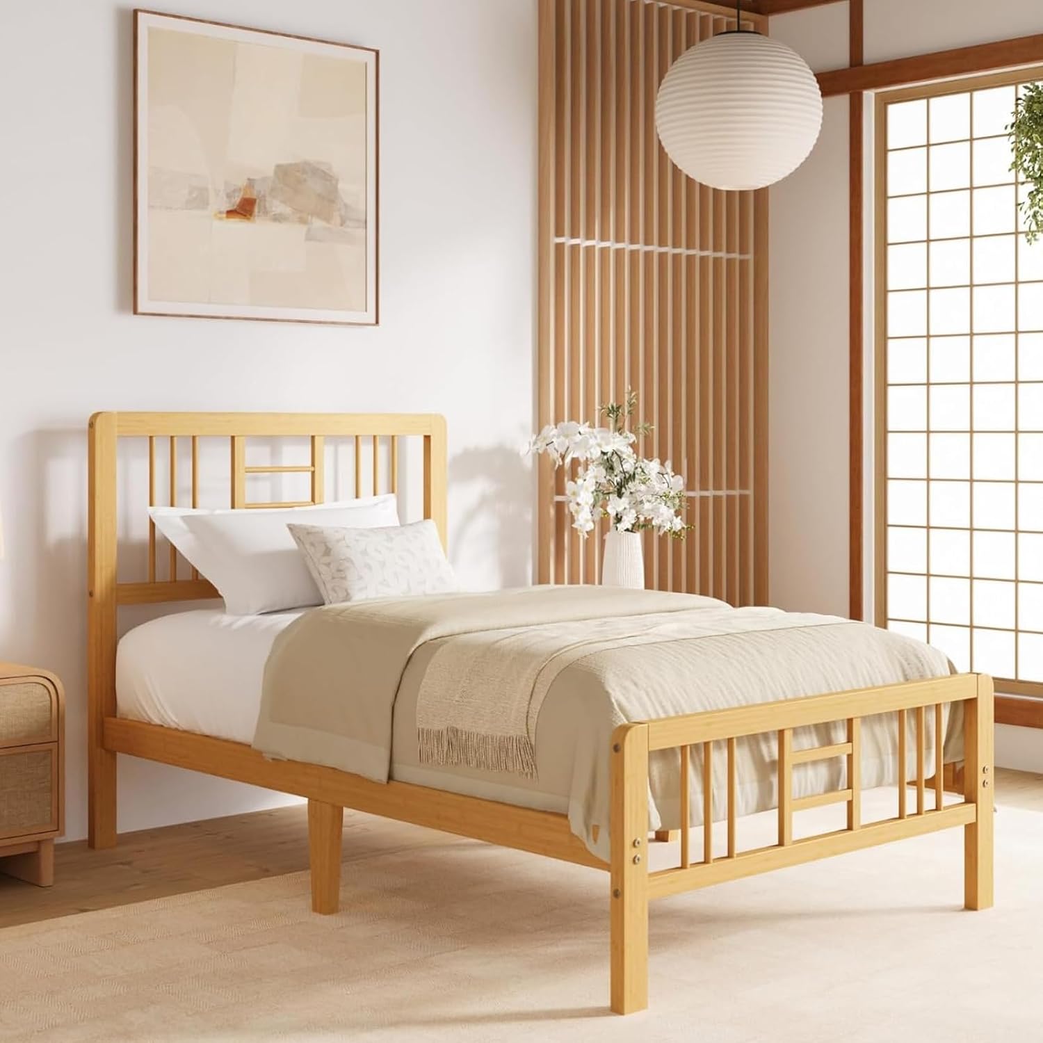 Hunlostten 10 in High Bamboo Wood Twin Bed Frame with Headboard & Footboard, Platform Bed Frame Twin Size with Steel Slats Support, Heavy Duty, No Box Spring Needed, Easy Assembly