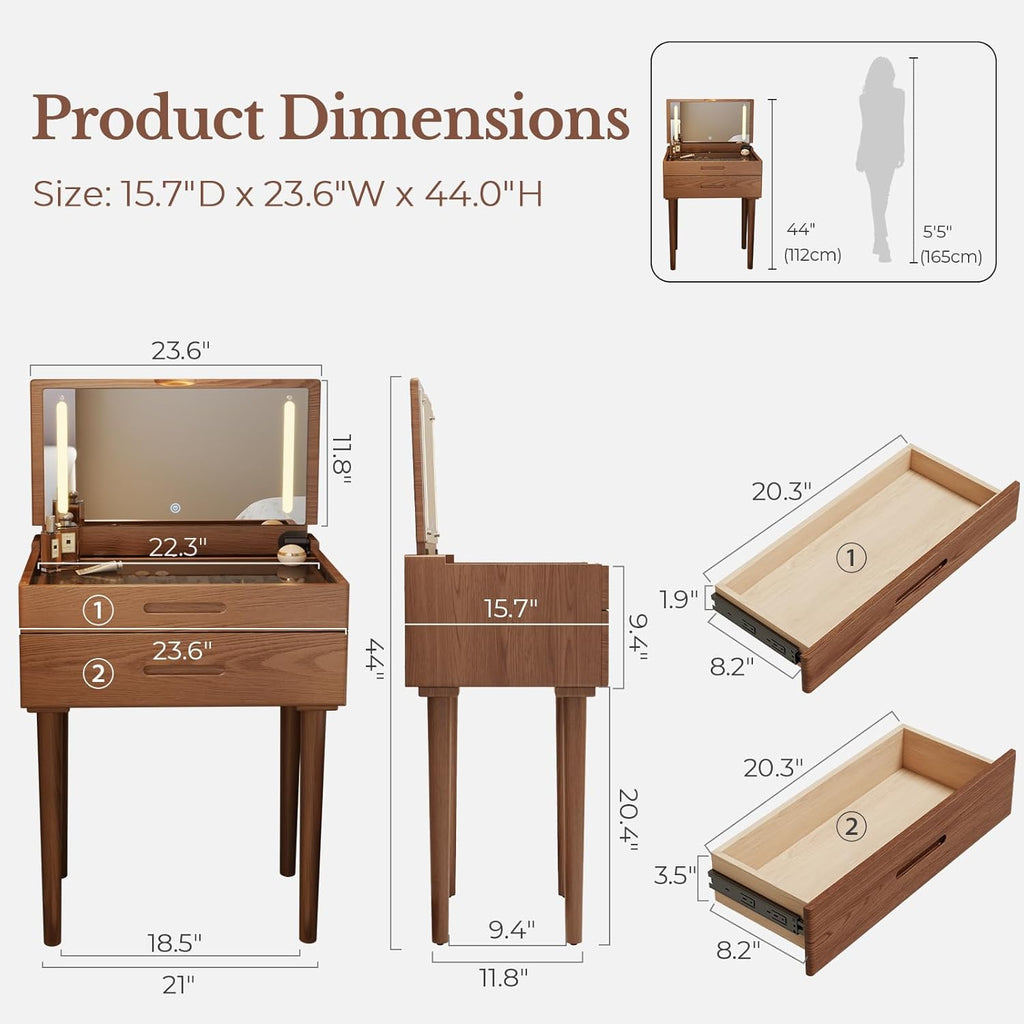 Muwuele Solid Wood Small Vanity Desk with Mirror and Lights, Narrow Makeup Vanity for Small Space, Flip Top Vanity Side Table, 3 Color Modes & Adjustable Brightness, 23.6" Slim Dressing Table, Walnut