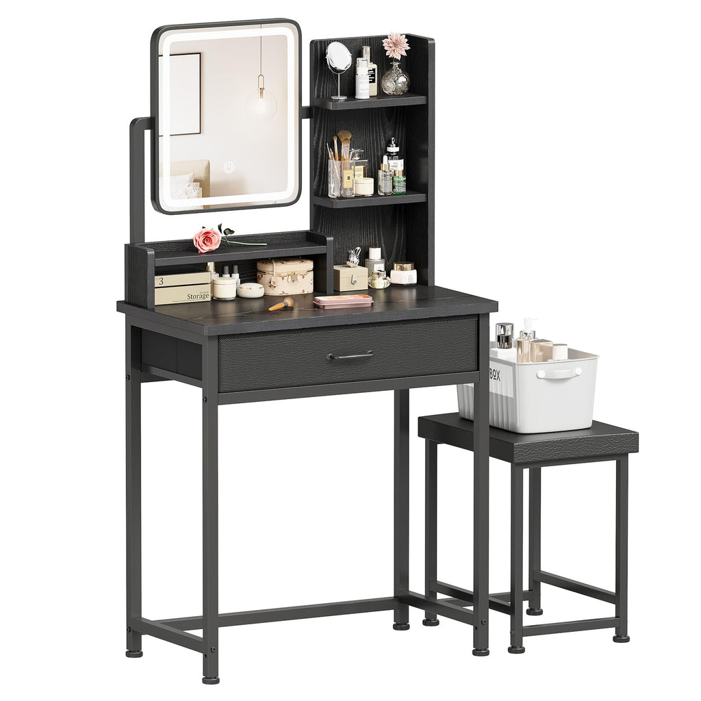 YeTom Vanity Desk with Mirror and Lights, Makeup Vanity Desk with 4 Fabric Drawers & Storage Shelves & Side Table, 3 Color Modes & Adjustable Brightness, Black Vanity, Bedroom Furniture