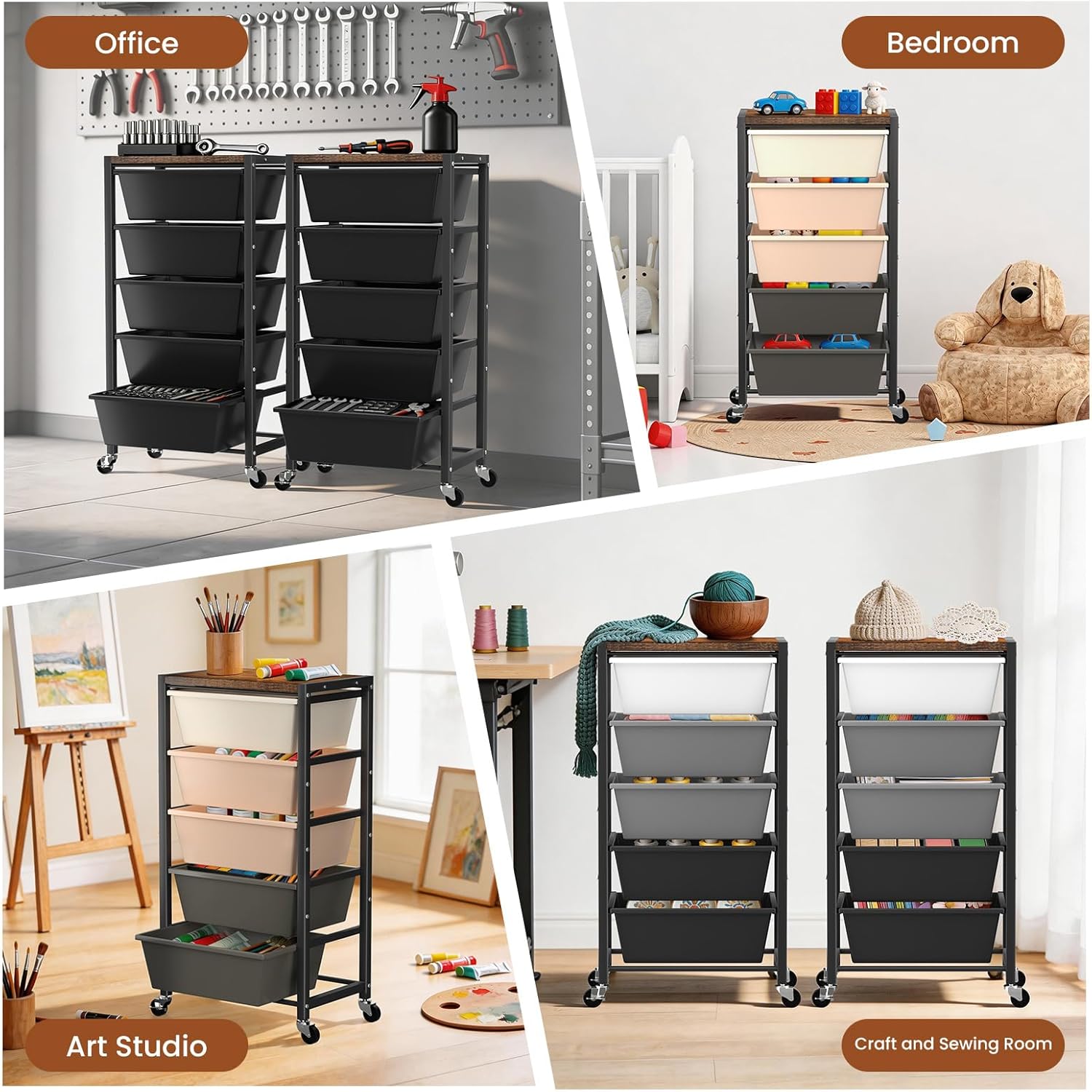 Rolling Cart with 5 Drawers, Plastic Drawer Storage Carts with Wheels & Wooden Tabletop, Metal Utility Cart for Office Bedroom Living Room Classroom, Craft Organization and Storage, Black