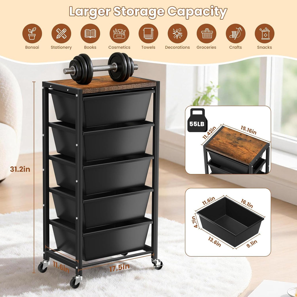 Rolling Cart with 5 Drawers, Plastic Drawer Storage Carts with Wheels & Wooden Tabletop, Metal Utility Cart for Office Bedroom Living Room Classroom, Craft Organization and Storage, Black