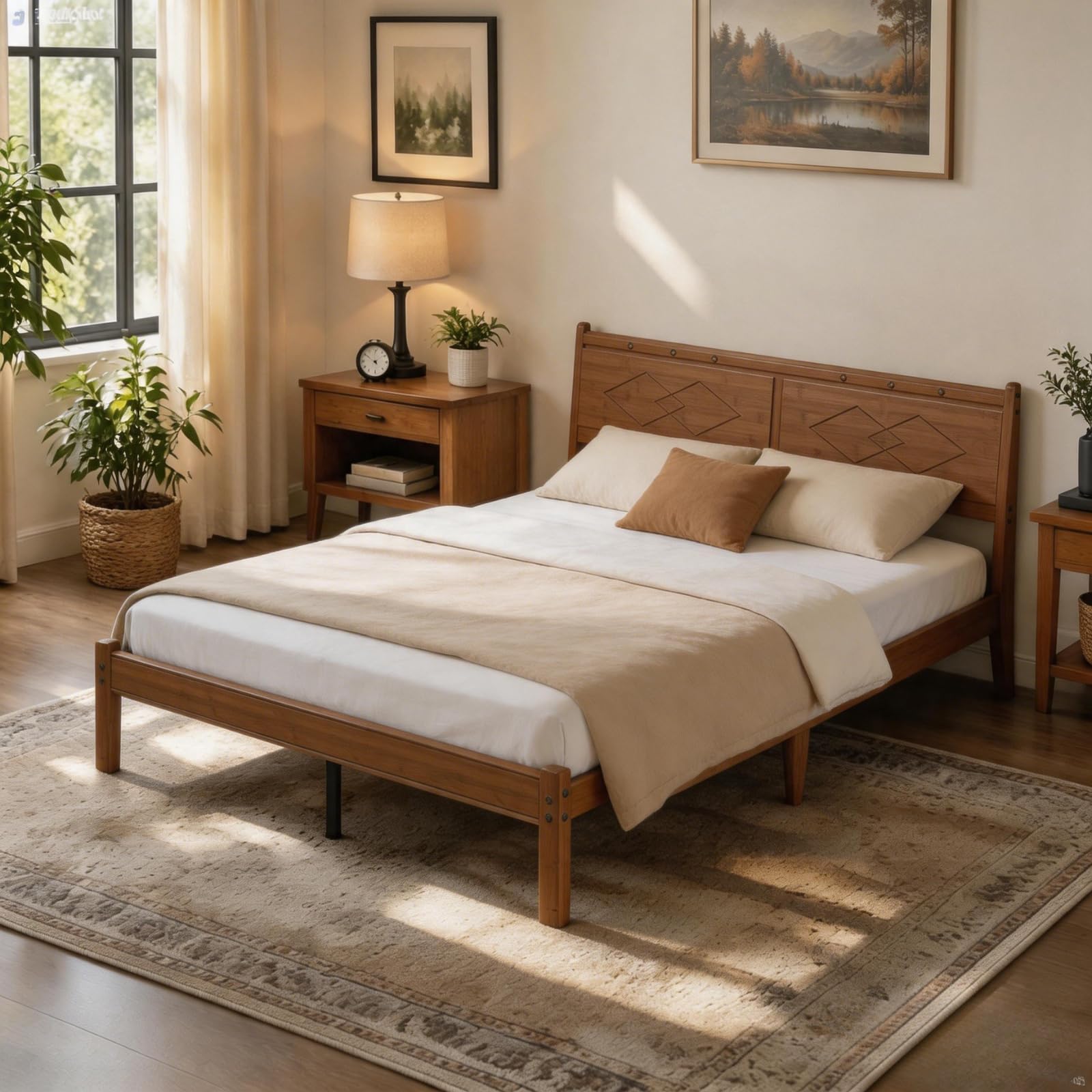 Askeld 14 inch Bamboo Twin Bed Frame with Headboard, Light Cottagecore Solid Wood Platform Bed No Box Spring Needed, Easy Assembly, Noise Free, Light Walnut Color