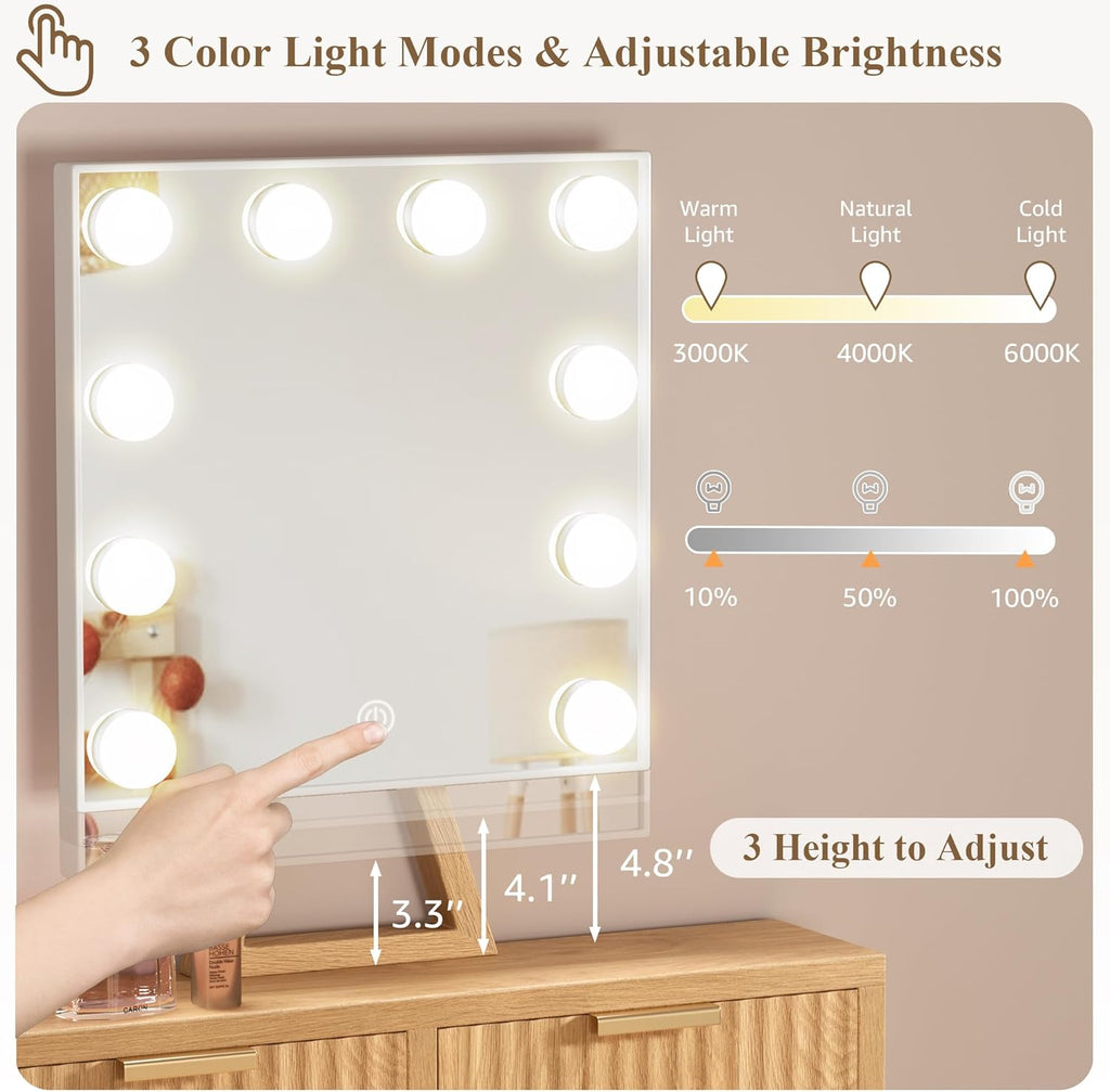 BOLUO Small Vanity Desk with Hollywood Mirror and Lights, Girls Vanity with Stool, Fluted Vanity Set, Compact Make Up Table with Drawers and Outlet Bedroom