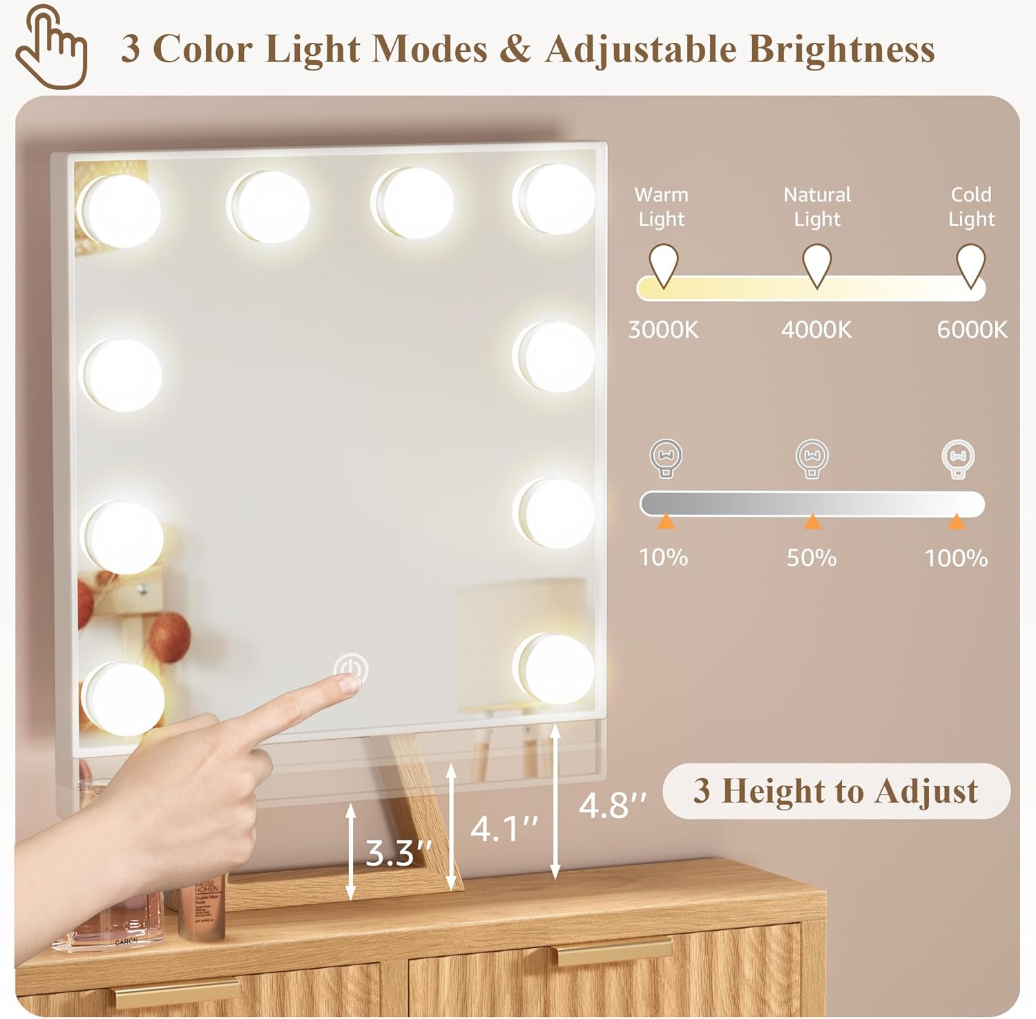 BOLUO Small Vanity Desk with Hollywood Mirror and Lights, Girls Vanity with Stool, Fluted Vanity Set, Compact Make Up Table with Drawers and Outlet Bedroom