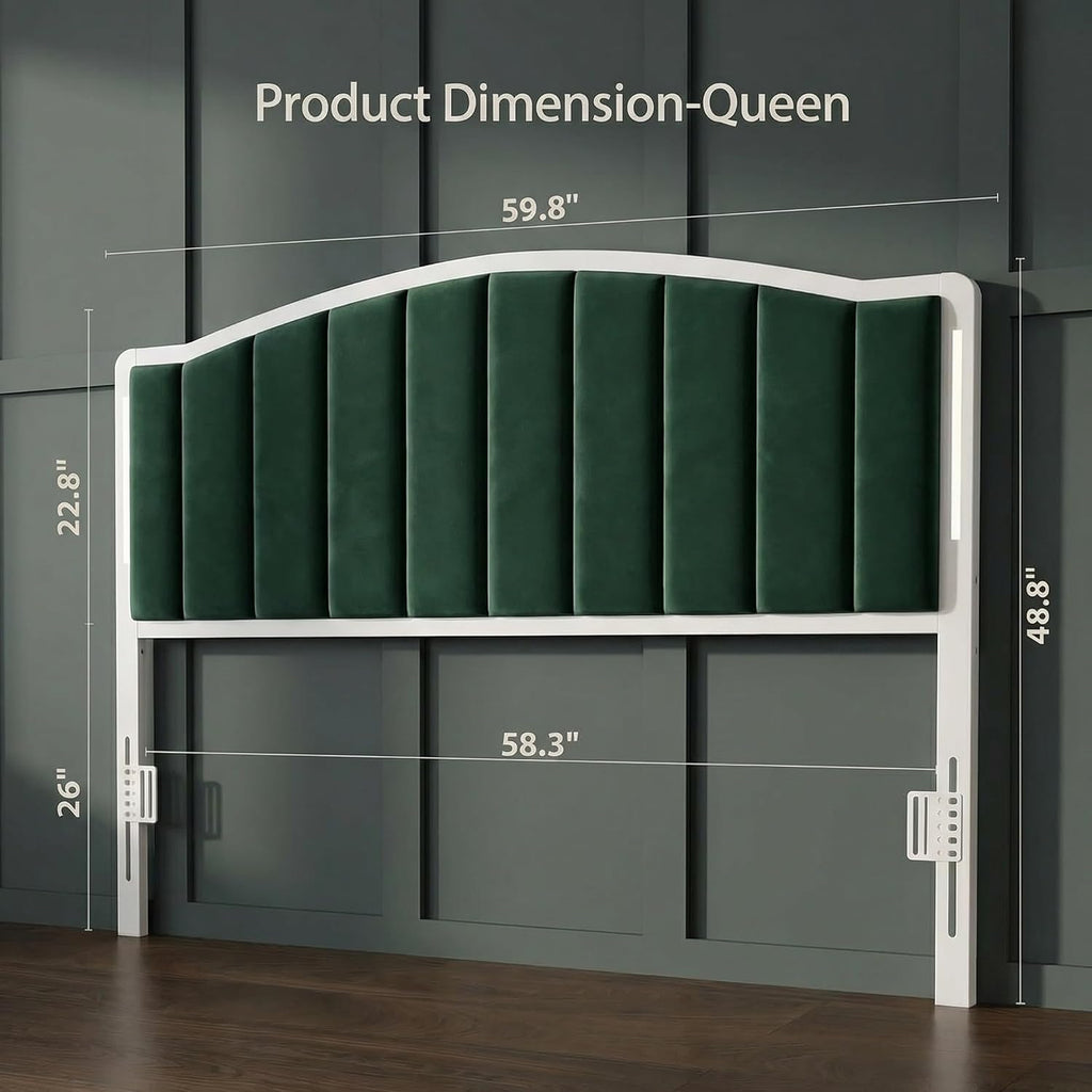 Headboard for Queen Size Bed with LED Lights, Upholstered Vertical Channel Tufting Head Boards, Velvet Headboard Only, Attach Frame, Ideal for Bedroom, Dorm, Guest Room, Green