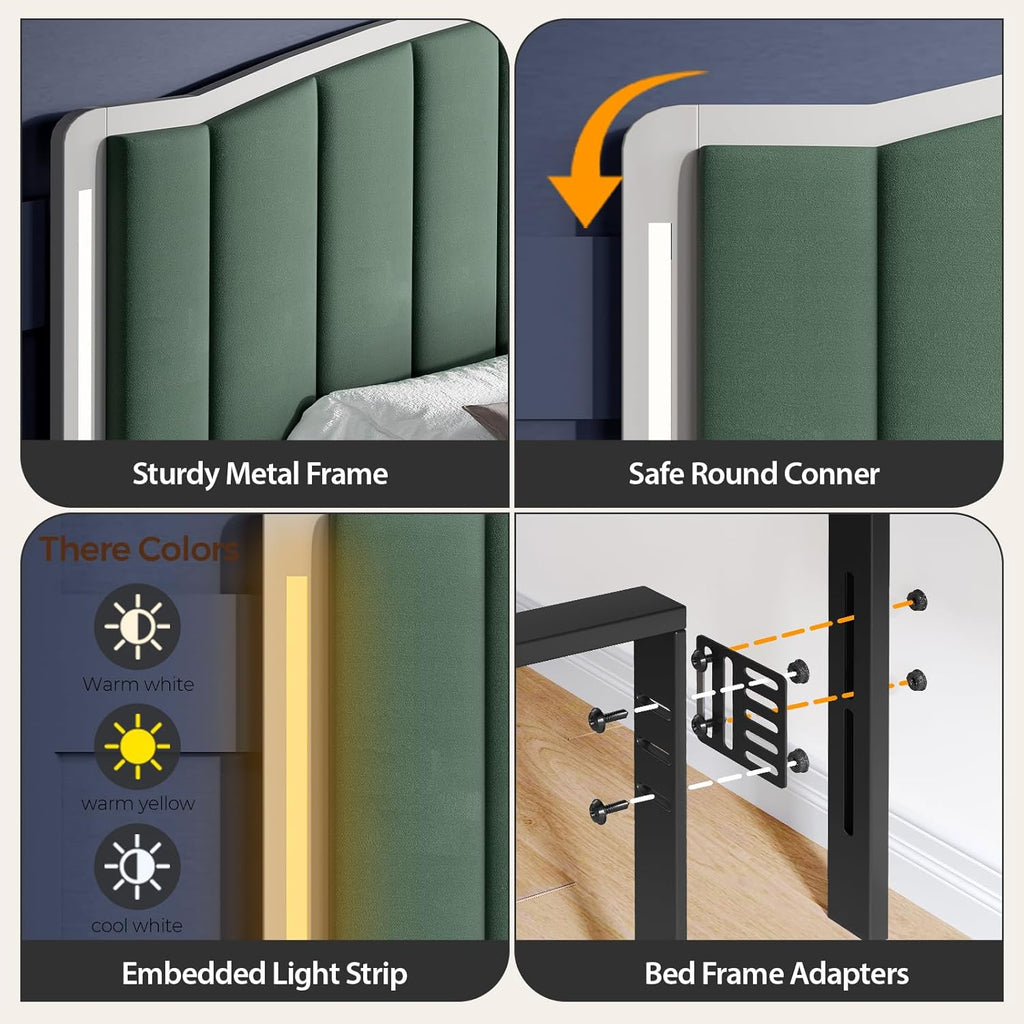 Headboard for Queen Size Bed with LED Lights, Upholstered Vertical Channel Tufting Head Boards, Velvet Headboard Only, Attach Frame, Ideal for Bedroom, Dorm, Guest Room, Green