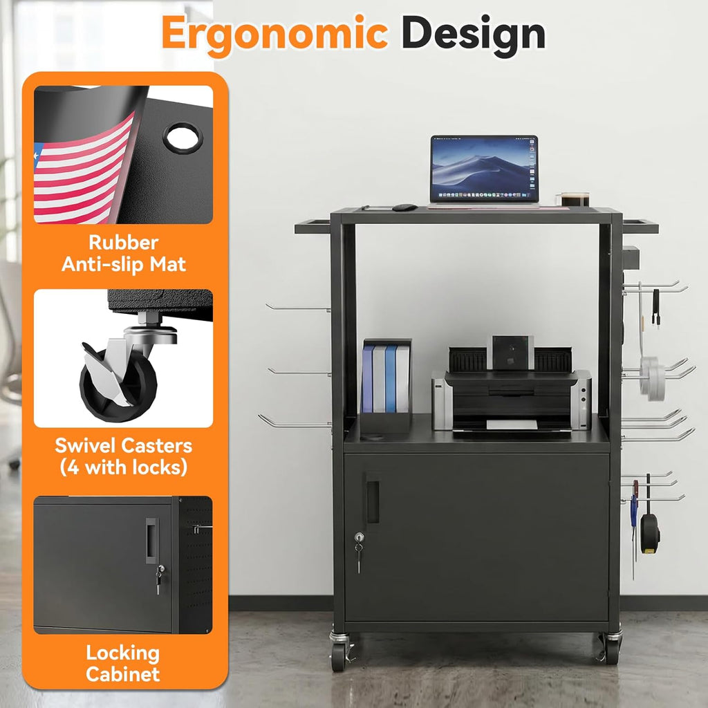 Mobile AV Cart, Heavy Duty Rolling Computer Cart with Push Handle & Hooks – Locking Cabinet, Pegboard, 4 Outlets, Lock Brake Casters – Media Utility Cart on Wheels for Office/Classroom