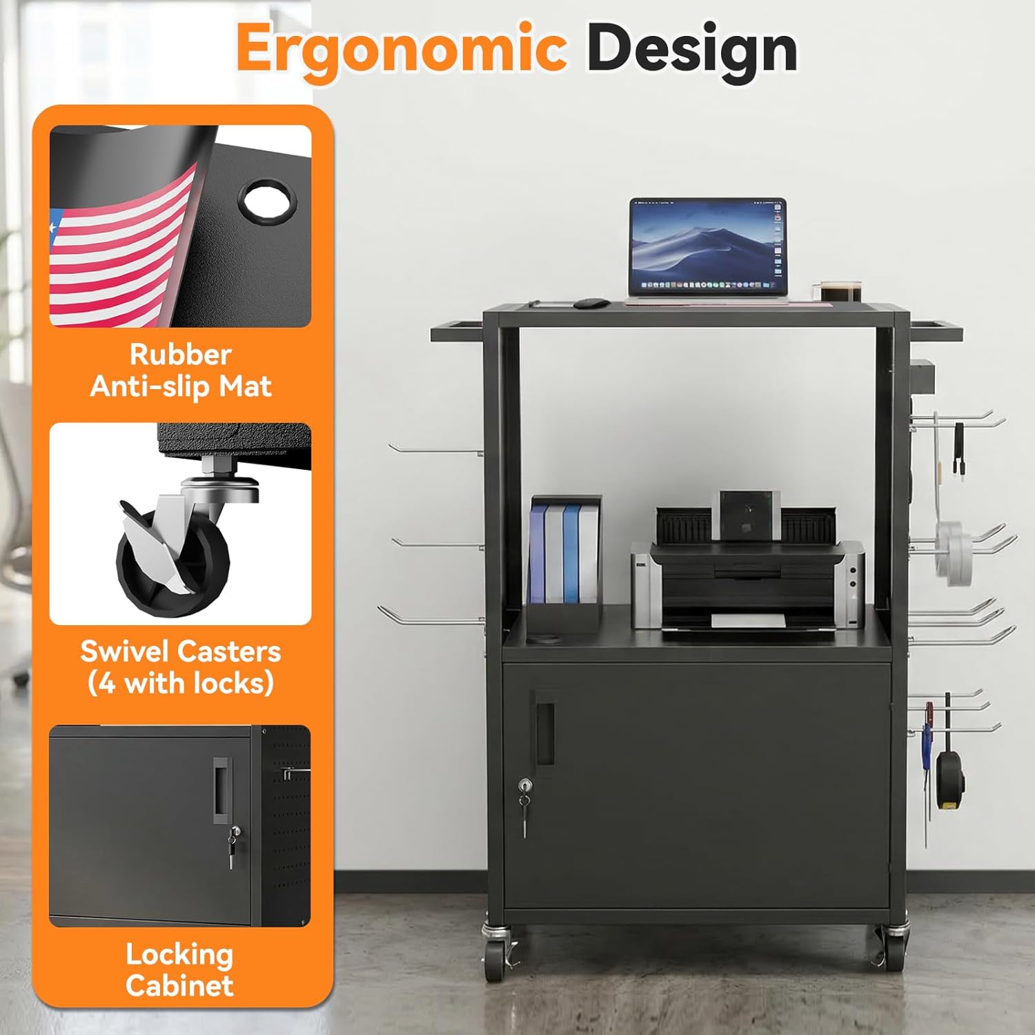 Mobile AV Cart, Heavy Duty Rolling Computer Cart with Push Handle & Hooks – Locking Cabinet, Pegboard, 4 Outlets, Lock Brake Casters – Media Utility Cart on Wheels for Office/Classroom