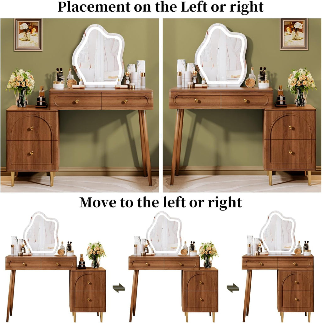 Chrangmay Walnut Corner Makeup Vanity Desk with Lighted Mirror & 4 Drawers, Modern Minimalist Dressing Table with Nightstand for Girls Bedroom