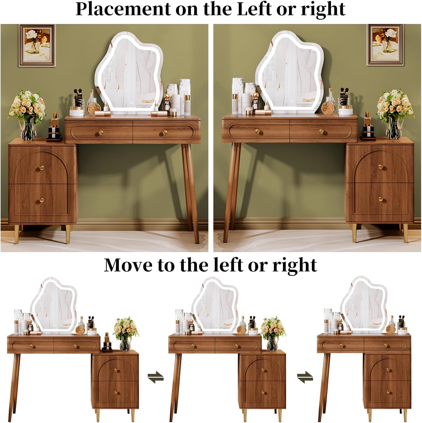 Chrangmay Walnut Corner Makeup Vanity Desk with Lighted Mirror & 4 Drawers, Modern Minimalist Dressing Table with Nightstand for Girls Bedroom