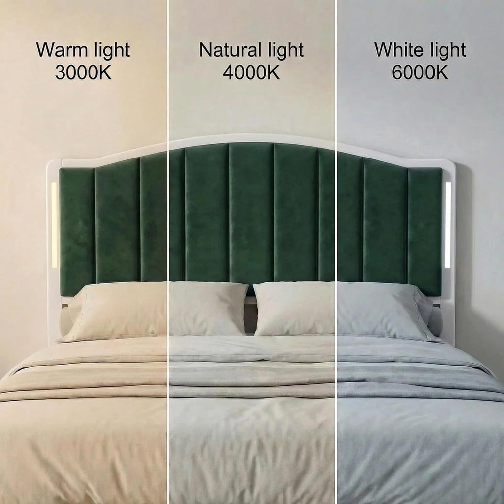 Headboard for Queen Size Bed with LED Lights, Upholstered Vertical Channel Tufting Head Boards, Velvet Headboard Only, Attach Frame, Ideal for Bedroom, Dorm, Guest Room, Green