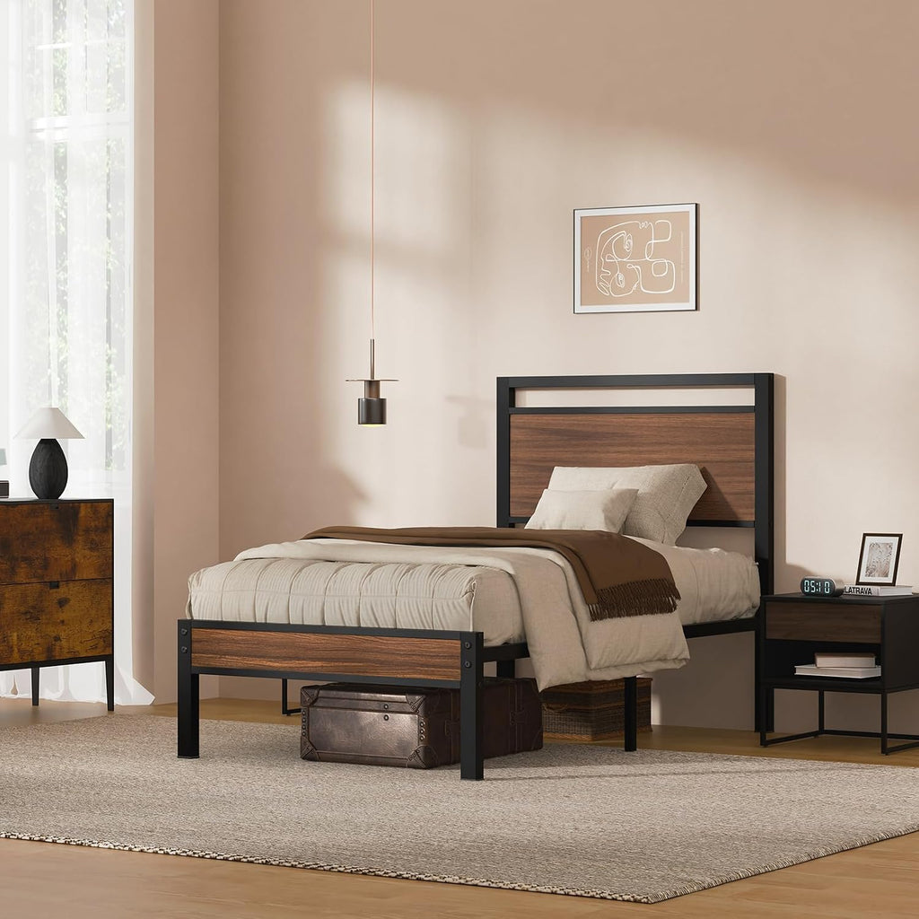 Z-hom Twin Metal Bed Frame with Wooden Headboard and Footboard, Heavy Duty Platform Frame with Mrtal Slats, No Box Spring Needed, Quiet and Non-Slip Design, Saving Space for Small Bedroom,Walnut