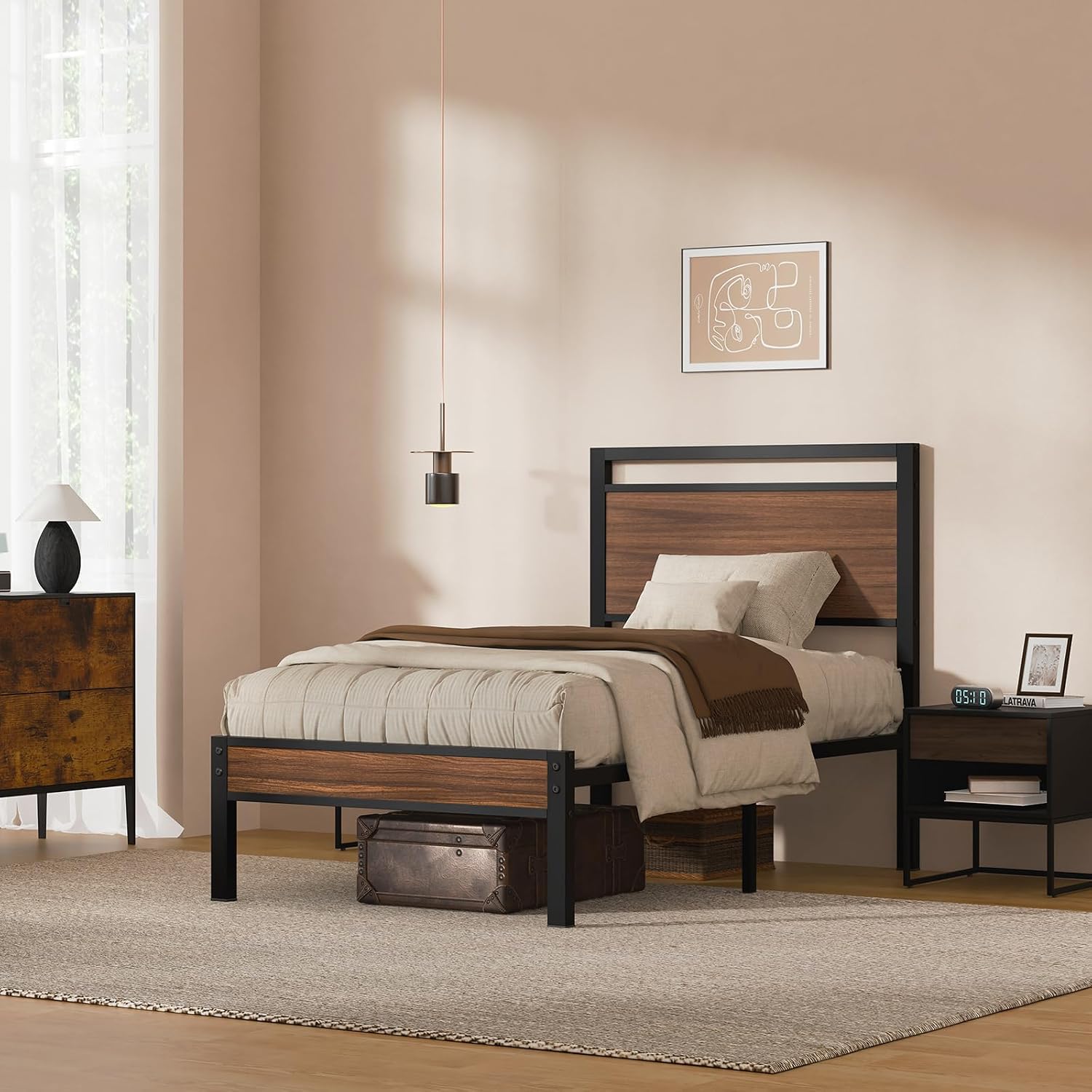 Z-hom Twin Metal Bed Frame with Wooden Headboard and Footboard, Heavy Duty Platform Frame with Mrtal Slats, No Box Spring Needed, Quiet and Non-Slip Design, Saving Space for Small Bedroom,Walnut