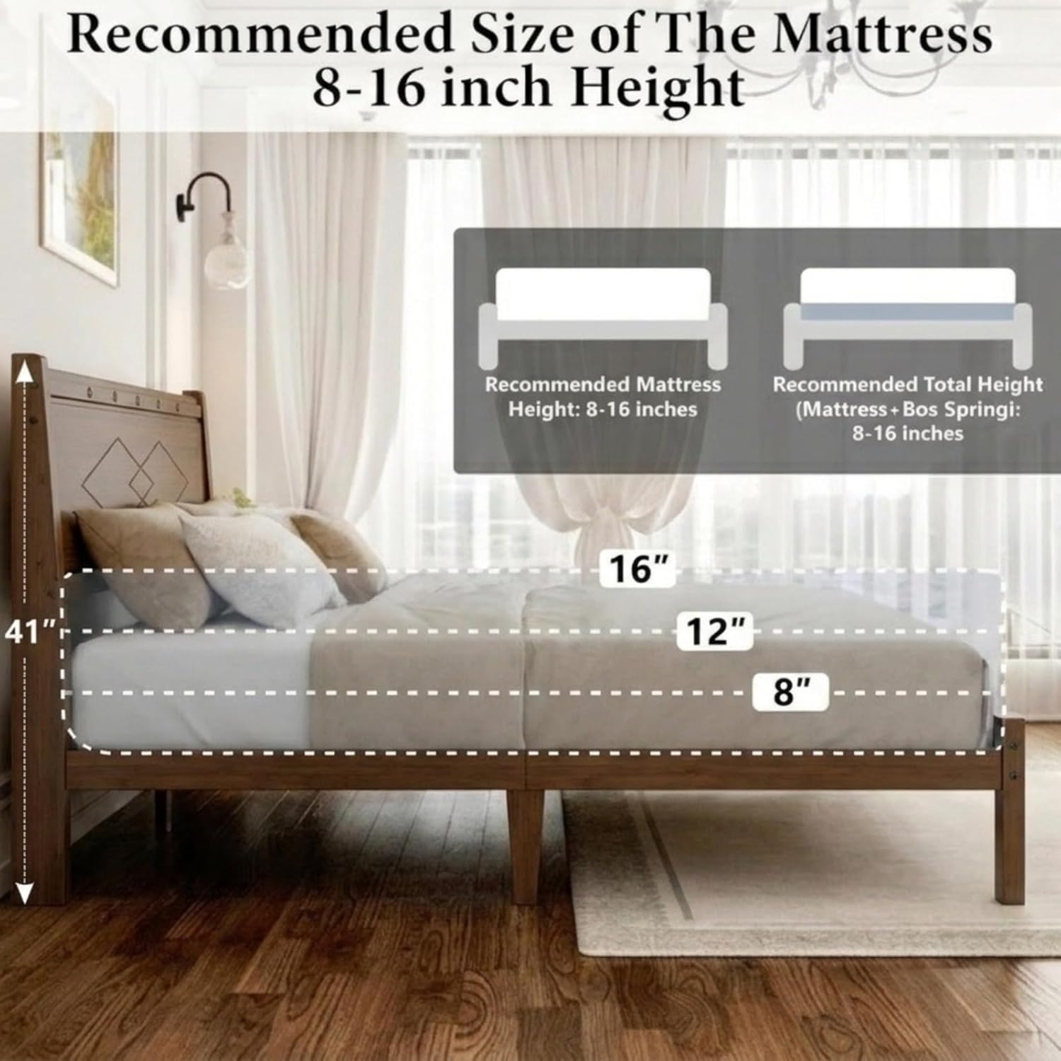 Askeld 14 inch Bamboo Twin Bed Frame with Headboard, Light Cottagecore Solid Wood Platform Bed No Box Spring Needed, Easy Assembly, Noise Free, Light Walnut Color