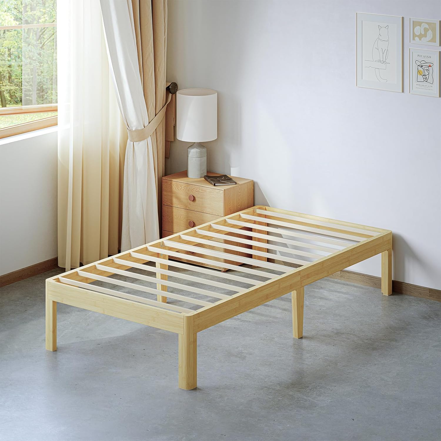 14 Inch High Bamboo Wood Heavy Duty Twin Bed Frame No Box Spring Needed, Platform Bed Frame Twin with Metal Slats Support, Easy to Install, Noise Free, Sturdy