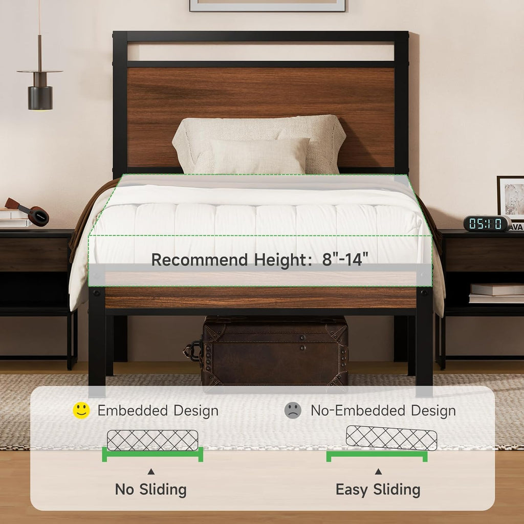 Z-hom Twin Metal Bed Frame with Wooden Headboard and Footboard, Heavy Duty Platform Frame with Mrtal Slats, No Box Spring Needed, Quiet and Non-Slip Design, Saving Space for Small Bedroom,Walnut