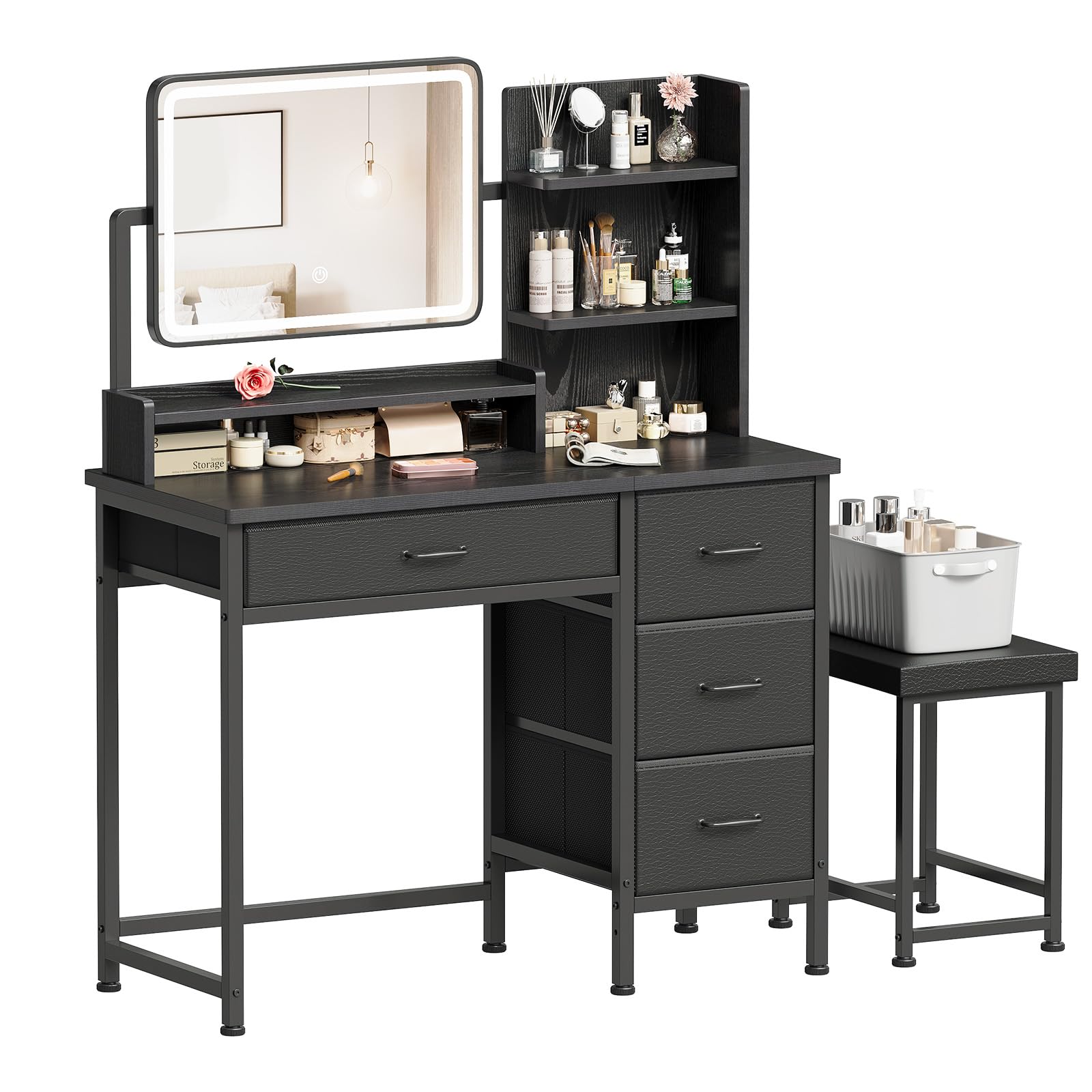 YeTom Vanity Desk with Mirror and Lights, Makeup Vanity Desk with 4 Fabric Drawers & Storage Shelves & Side Table, 3 Color Modes & Adjustable Brightness, Black Vanity, Bedroom Furniture
