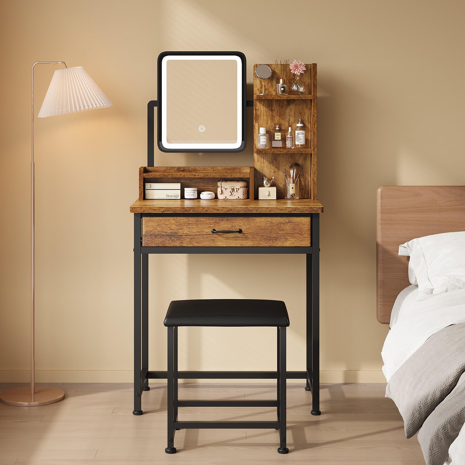 YeTom Vanity Desk with Mirror and Lights, Makeup Vanity Desk with 4 Fabric Drawers & Storage Shelves & Side Table, 3 Color Modes & Adjustable Brightness, Black Vanity, Bedroom Furniture