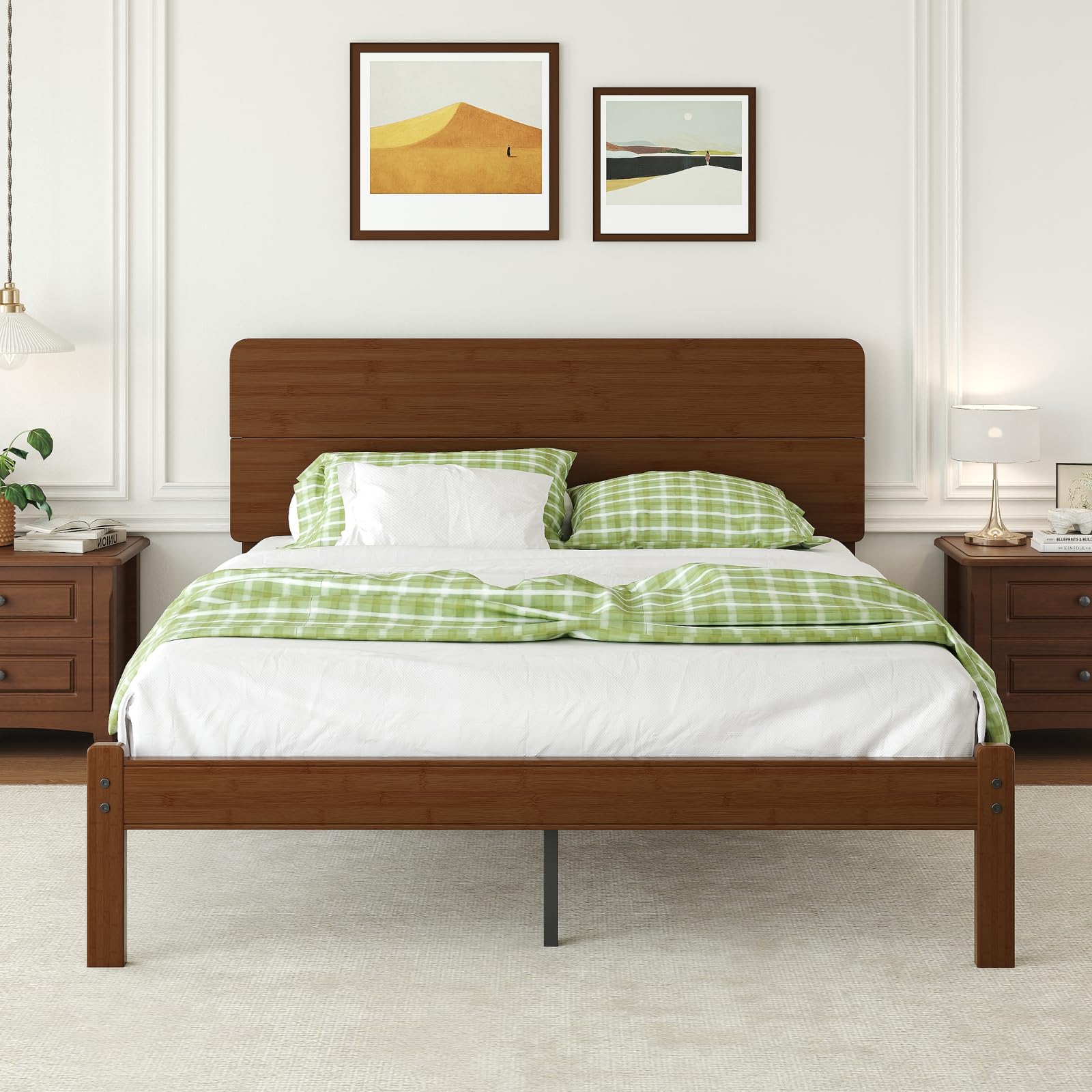 Askeld 14 Inch Bamboo Twin XL Bed Frame with Headboard, Solid Wood Bed Frames Twin XL Size No Box Spring Needed, Easy Assembly, Noise Free, Walnut Color