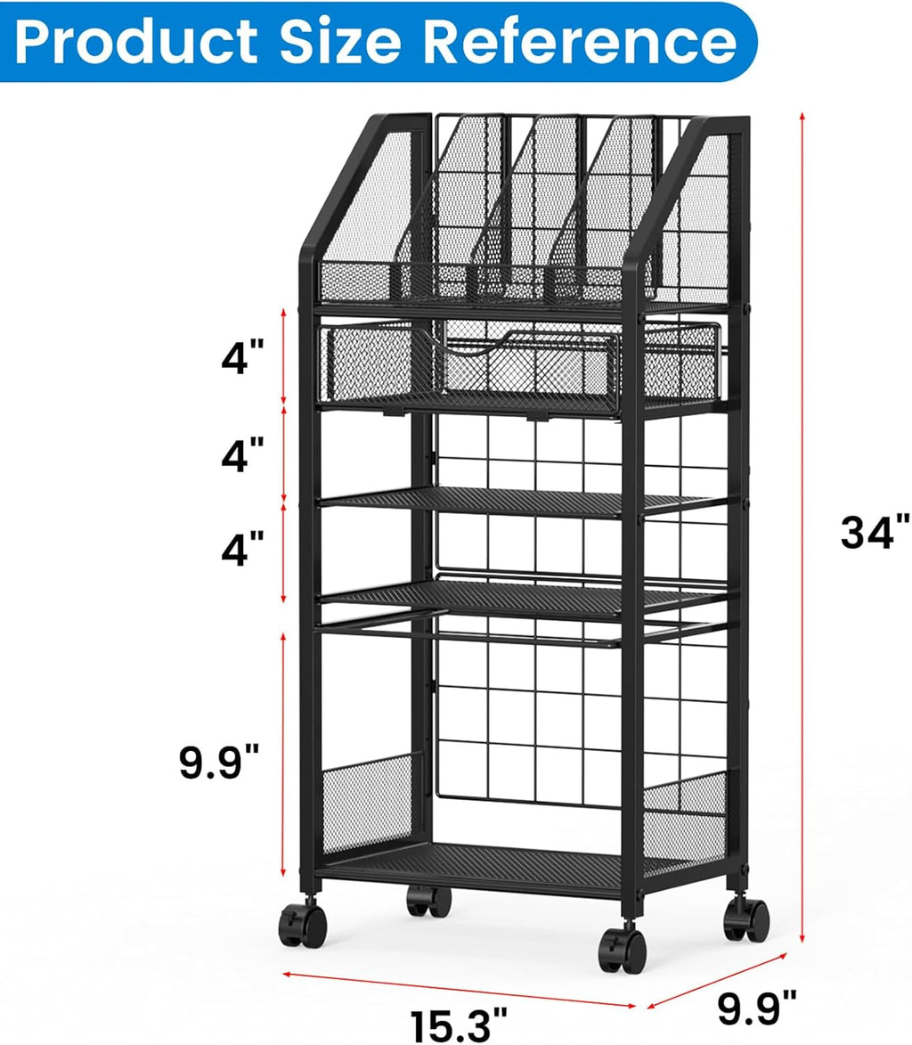 5 Tier Rolling File Cart with Drawer, Metal Office File Cart Organization with Sliding Trays, Teacher Carts with Wheels, Paper Letter Storage Hanging Files Folders for Workspace,Home,School Classroom