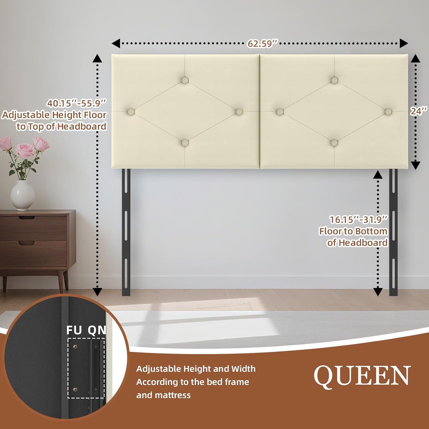 Modern Queen Headboard, Upholstered Faux Leather Bed Headboard with Solid Wood & Sturdy Metal Legs, Tufted Adjustable Height Headboards in Button Design, Beige
