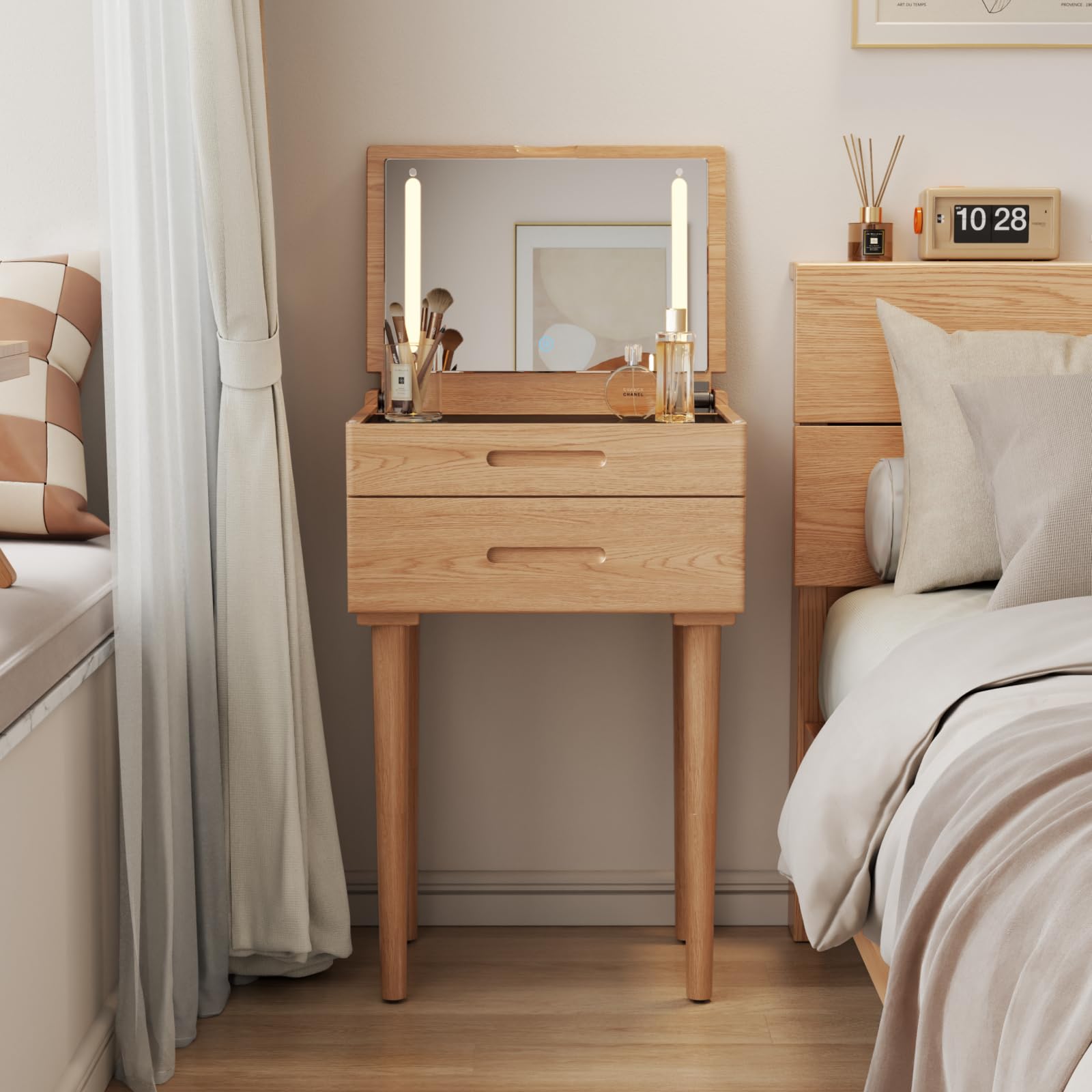 Muwuele Solid Wood Small Vanity Desk with Mirror and Lights, Narrow Makeup Vanity for Small Space, Flip Top Vanity Side Table, 3 Color Modes & Adjustable Brightness, 23.6" Slim Dressing Table, Walnut