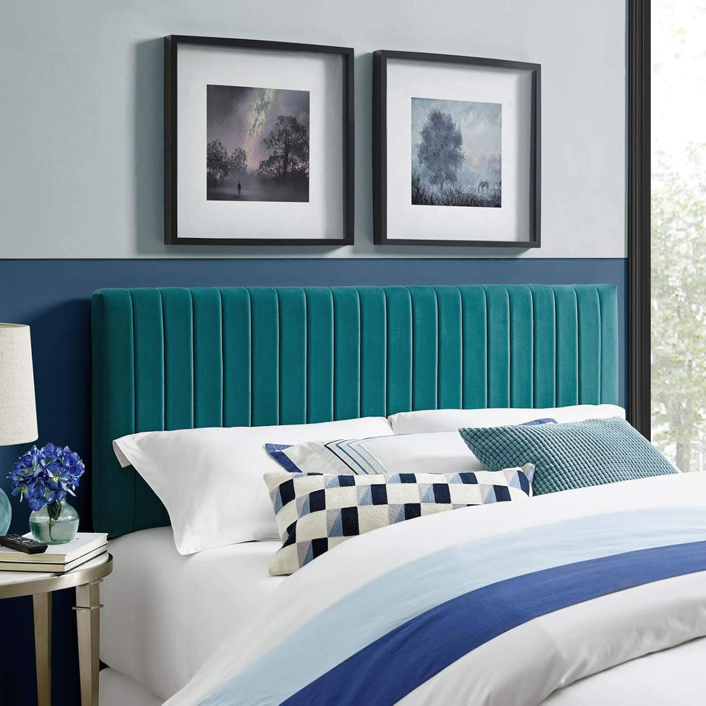 Modway Keira Channel Tufted Performance Velvet Upholstered Twin Headboard in Midnight Blue