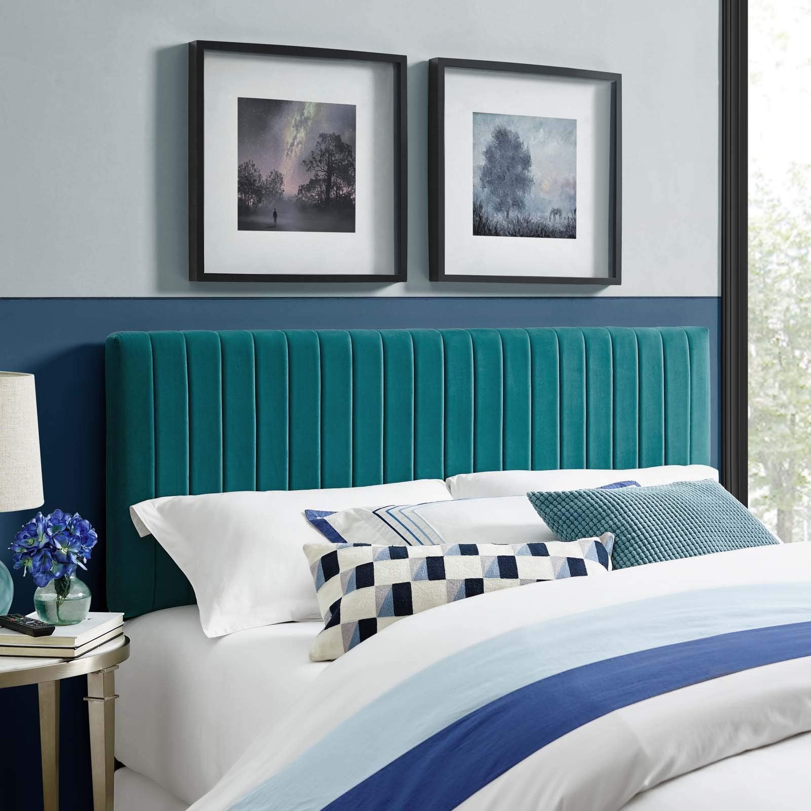 Modway Keira Channel Tufted Performance Velvet Upholstered Twin Headboard in Midnight Blue