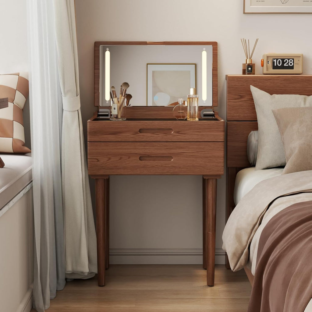 Muwuele Solid Wood Small Vanity Desk with Mirror and Lights, Narrow Makeup Vanity for Small Space, Flip Top Vanity Side Table, 3 Color Modes & Adjustable Brightness, 23.6" Slim Dressing Table, Walnut