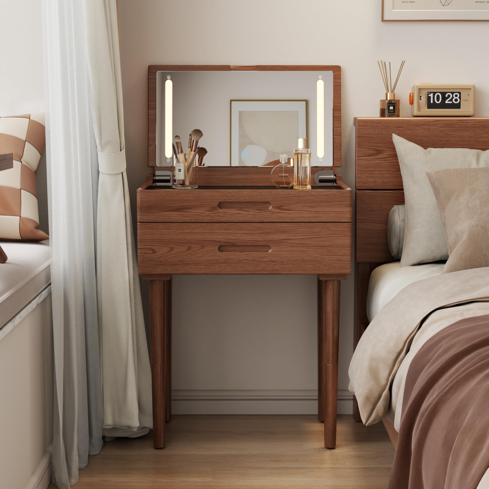 Muwuele Solid Wood Small Vanity Desk with Mirror and Lights, Narrow Makeup Vanity for Small Space, Flip Top Vanity Side Table, 3 Color Modes & Adjustable Brightness, 23.6" Slim Dressing Table, Walnut