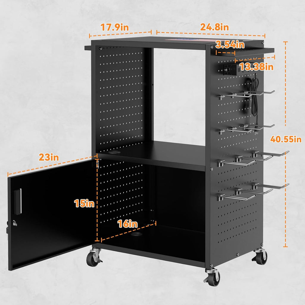 Mobile AV Cart, Heavy Duty Rolling Computer Cart with Push Handle & Hooks – Locking Cabinet, Pegboard, 4 Outlets, Lock Brake Casters – Media Utility Cart on Wheels for Office/Classroom