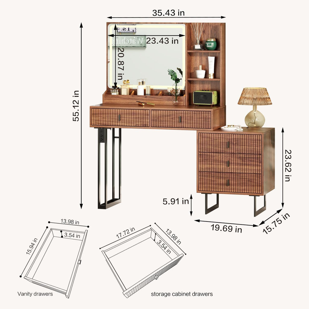 Large Vanity Desk with 3 Color Touch Screen Dimming Mirror, Vanity Desk with Charging Station, Modern Retractable Makeup Dressing Table, Makeup Table With storage shelves and 5 Sliding Drawers, Brown
