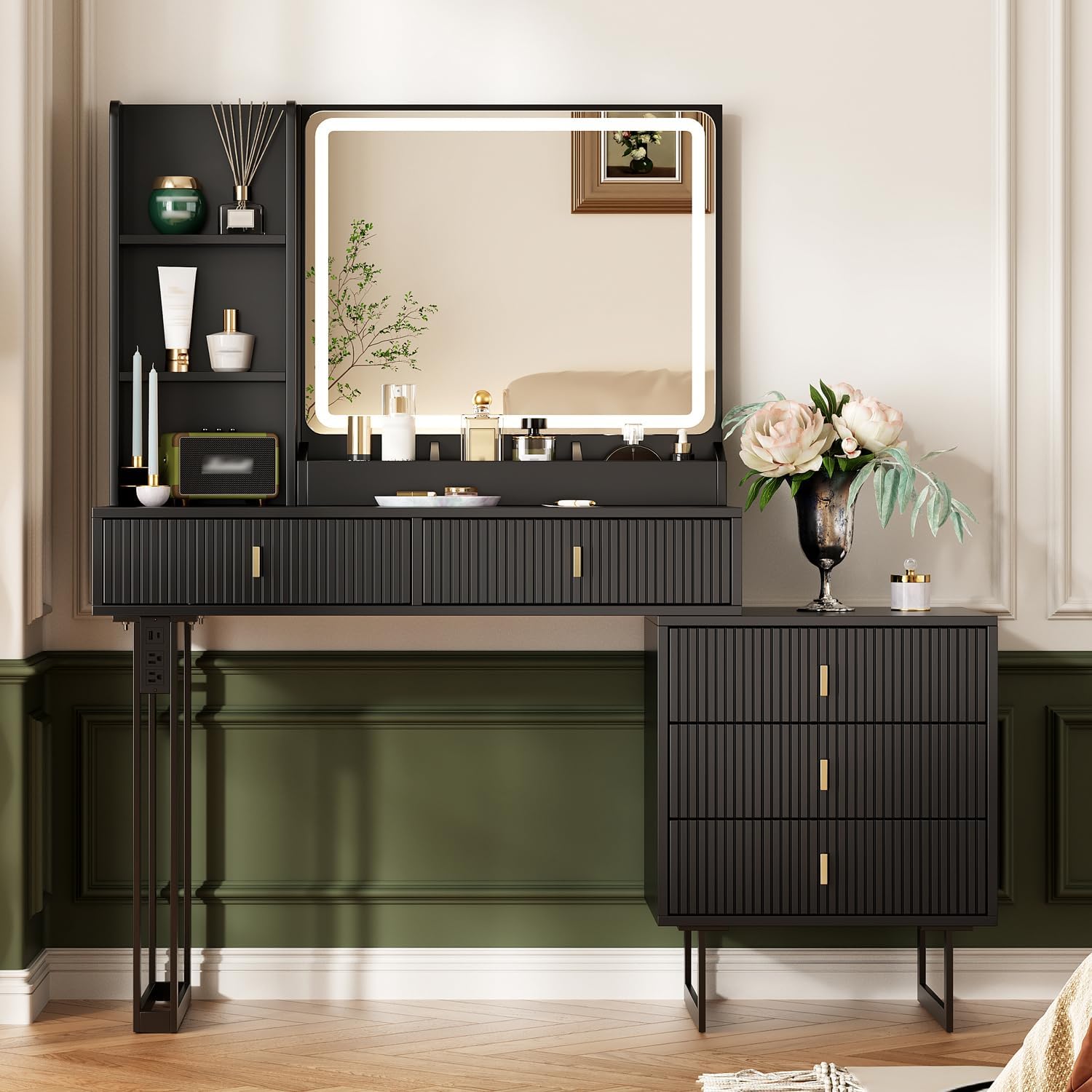 Large Vanity Desk with 3 Color Touch Screen Dimming Mirror, Vanity Desk with Charging Station, Modern Retractable Makeup Dressing Table, Makeup Table With storage shelves and 5 Sliding Drawers, Brown