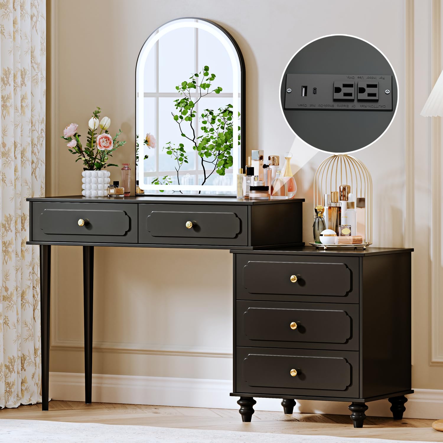 Ieejdn White,Vanity Desk with Mirror and Lights,Makeup Vanity with Power Outlet and Adjustable Cabinet,Modern Makeup Table with 3 Drawers for Bedroom Makeup Room