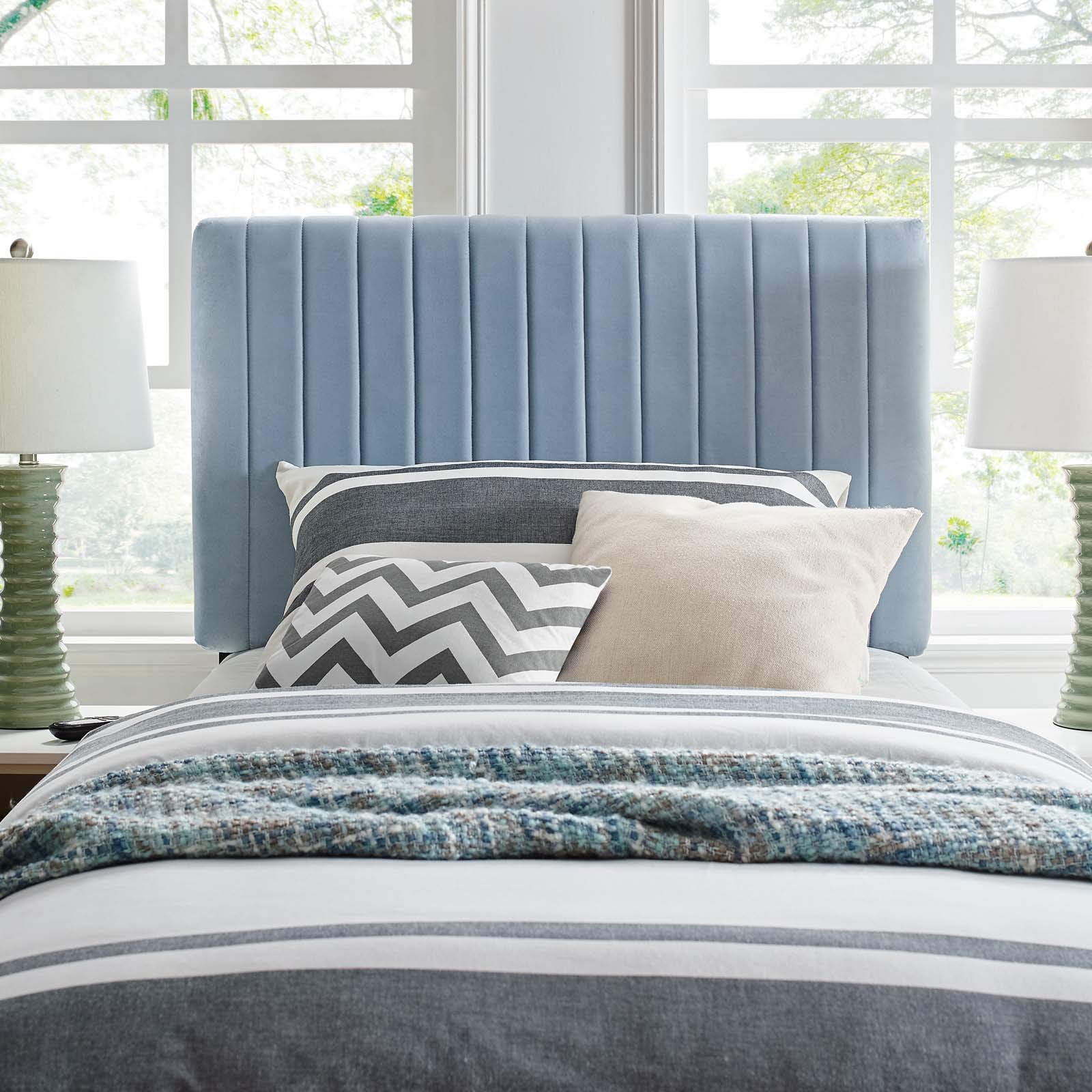 Modway Keira Channel Tufted Performance Velvet Upholstered Twin Headboard in Midnight Blue