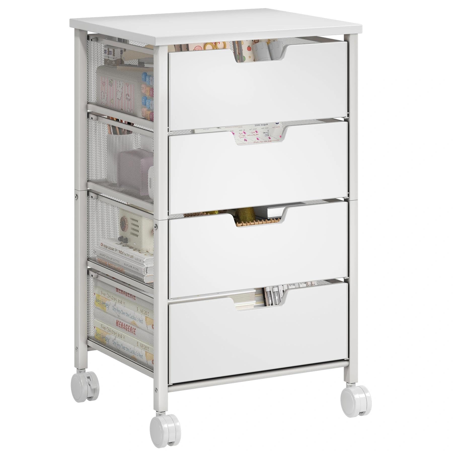 Rolling Cart with Drawers, Wooden Top and Front, with Wheels Metal Under Desk Storage Cart with 4 Drawers, for Office, Bedroom, Classroom, Home, Rustic Brown