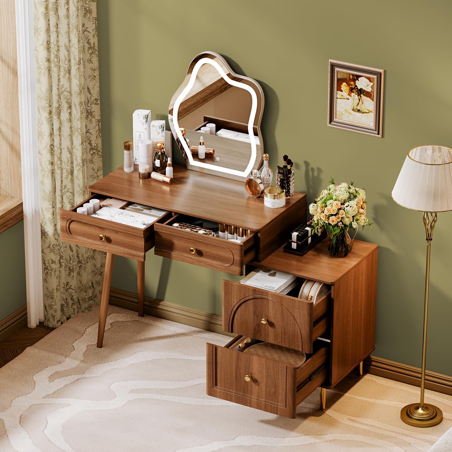 Chrangmay Walnut Corner Makeup Vanity Desk with Lighted Mirror & 4 Drawers, Modern Minimalist Dressing Table with Nightstand for Girls Bedroom