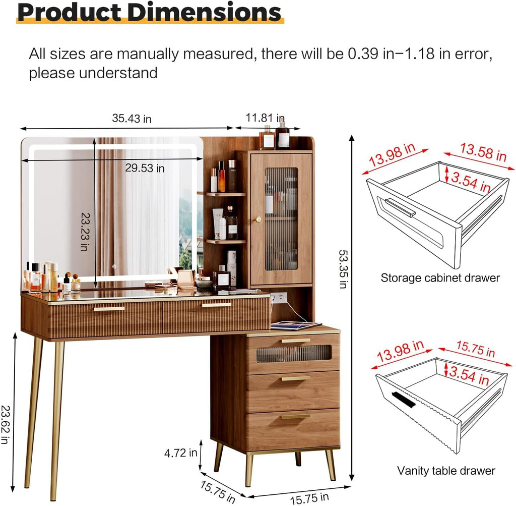 Arulvmrn Vanity Desk with 29.53" HD Lighted Mirror, 47.24" Big Modern Vanity Desk with Mirror and Lights, Makeup Vanity with 5 Drawers and Storage Shelves and Charging Station,Brown1